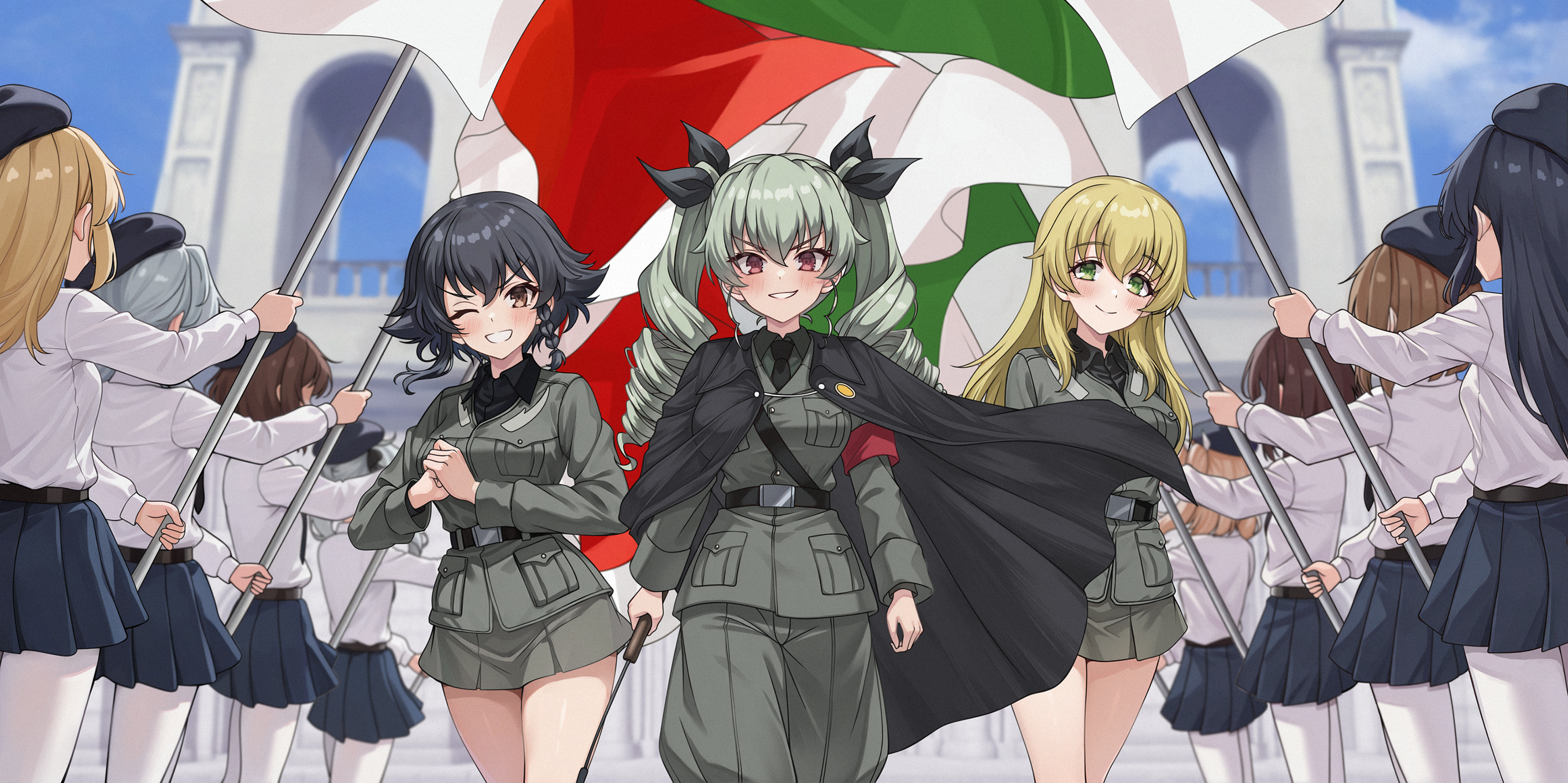 aadka5, anchovy (girls und panzer), carpaccio (girls und panzer), pepperoni (girls und panzer), girls und panzer, highres, 6+girls, anzio military uniform, anzio school uniform, black hair, blonde hair, blush, braid, breasts, brown eyes, cape, closed mouth, drill hair, green eyes, hair ribbon, italian flag, long hair, medium breasts, military uniform, miniskirt, multiple girls, one eye closed, outdoors, pantyhose, ribbon, riding crop, school uniform, short hair, skirt, sky, small breasts, smile, tomboy, twin drills, twintails, white pantyhose