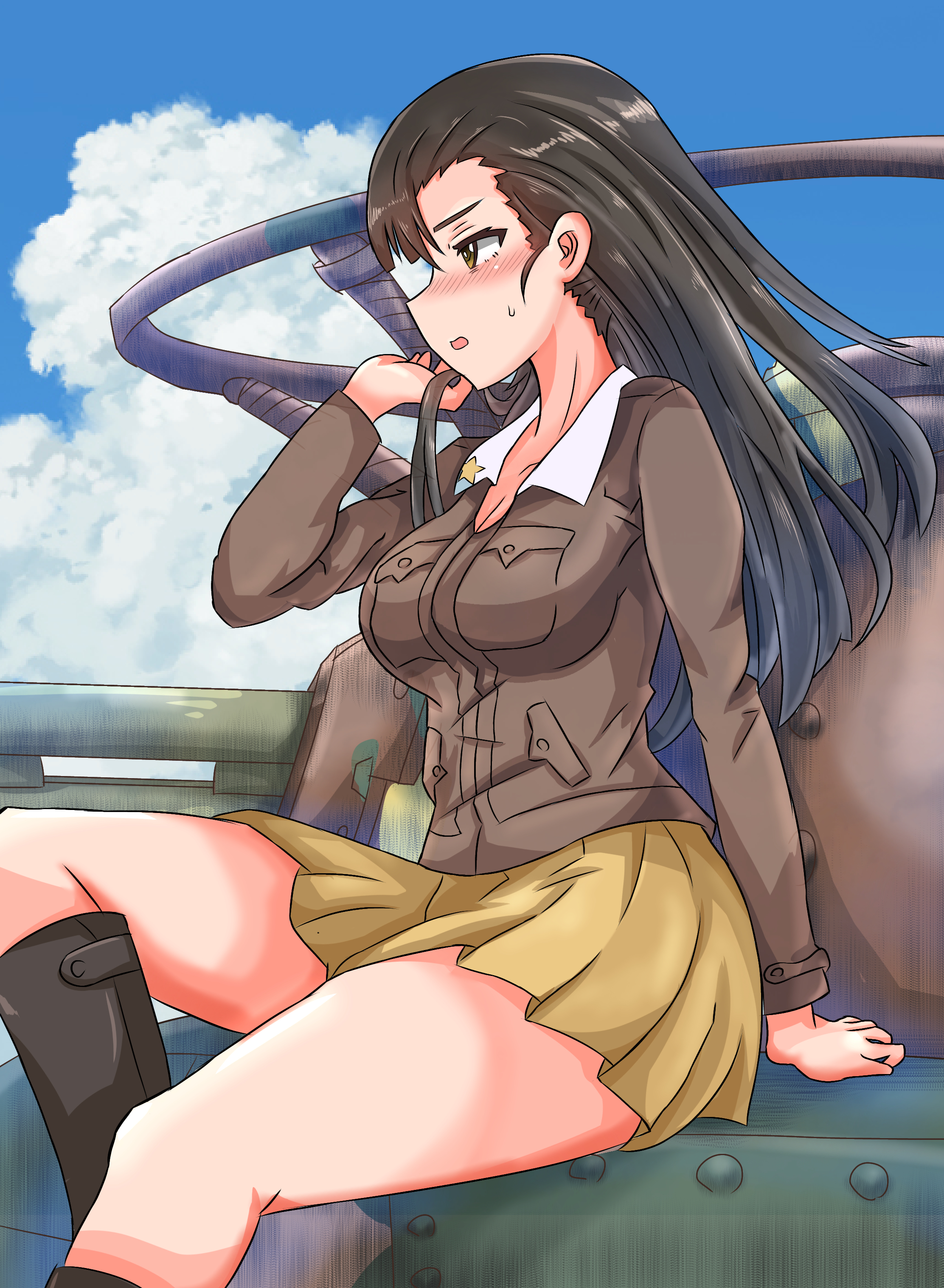 vought f4u, nishi kinuyo, girls und panzer, absurdres, highres, 1girl, black hair, blush, breasts, brown eyes, chi-hatan military uniform, cleavage, large breasts, long hair, military uniform, military vehicle, miniskirt, motor vehicle, open mouth, outdoors, pleated skirt, skirt, sky, solo, tank, yellow skirt