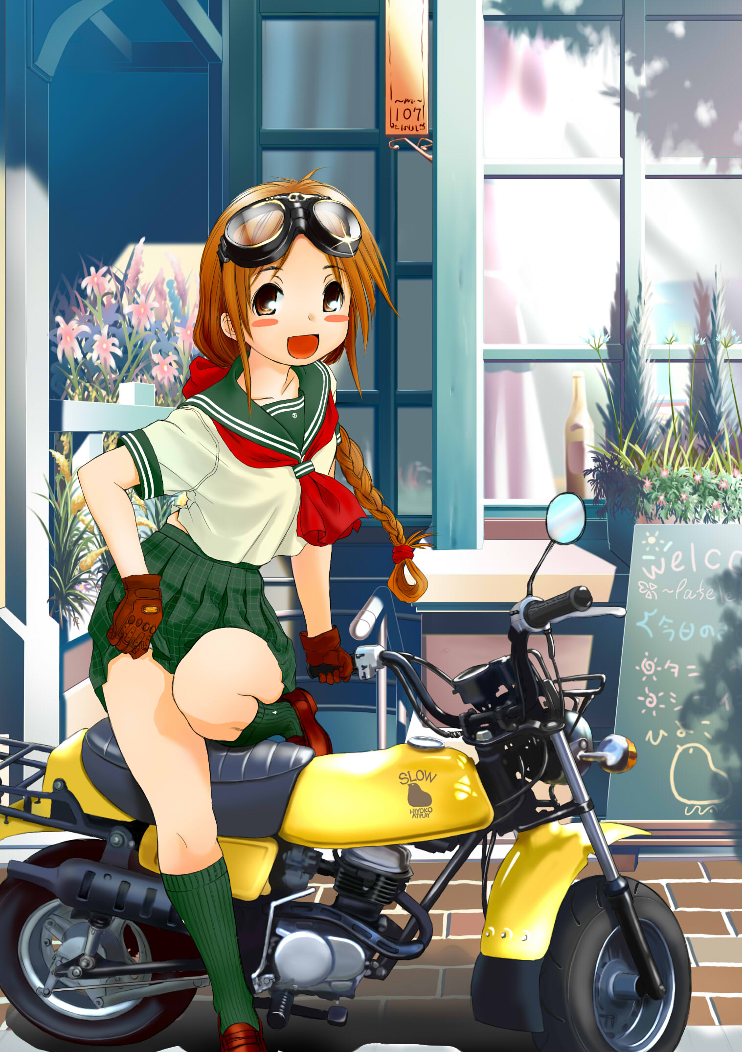 retsumaru, vehicle, highres, braid, brown eyes, brown hair, gloves, goggles, kneehighs, motor vehicle, motorcycle, pleated skirt, school uniform, serafuku, skirt, socks, solo