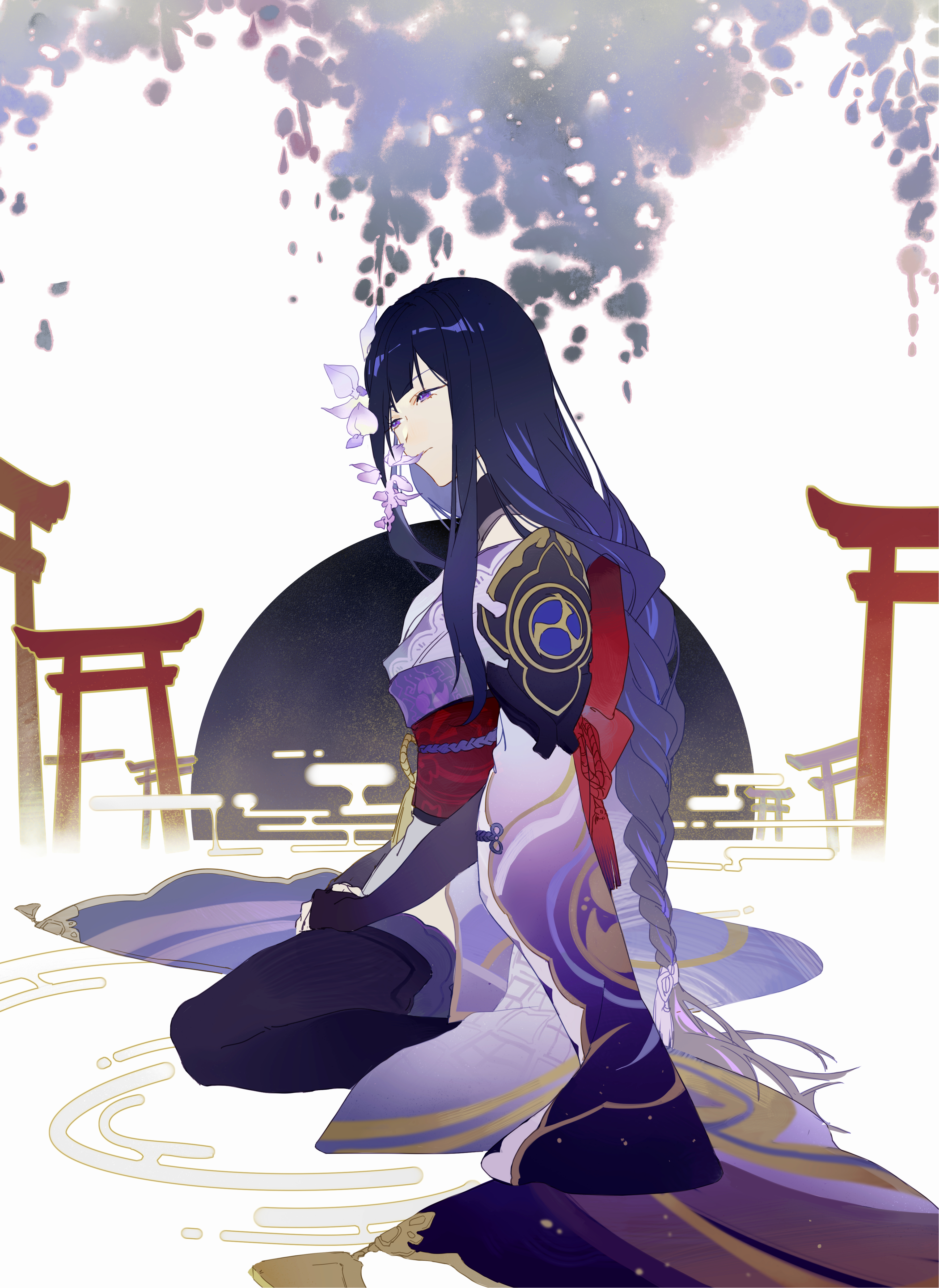 nnikko, raiden shogun, genshin impact, absurdres, highres, 1girl, abstract background, architecture, armor, back bow, black thighhighs, blue pupils, blunt bangs, blurry, blurry foreground, bow, braid, bridal gauntlets, clothing cutout, depth of field, east asian architecture, eclipse, electro symbol (genshin impact), flower, from side, full body, gradient hair, hair ribbon, head tilt, japanese clothes, kimono, long braid, moon, multicolored eyes, multicolored hair, own hands together, petals, petals in mouth, purple eyes, purple hair, purple kimono, purple ribbon, red sash, ribbon, sash, seiza, shoulder armor, shoulder cutout, single braid, sitting, solo, streaked hair, thick thighs, thighhighs, thighs, white background, wisteria