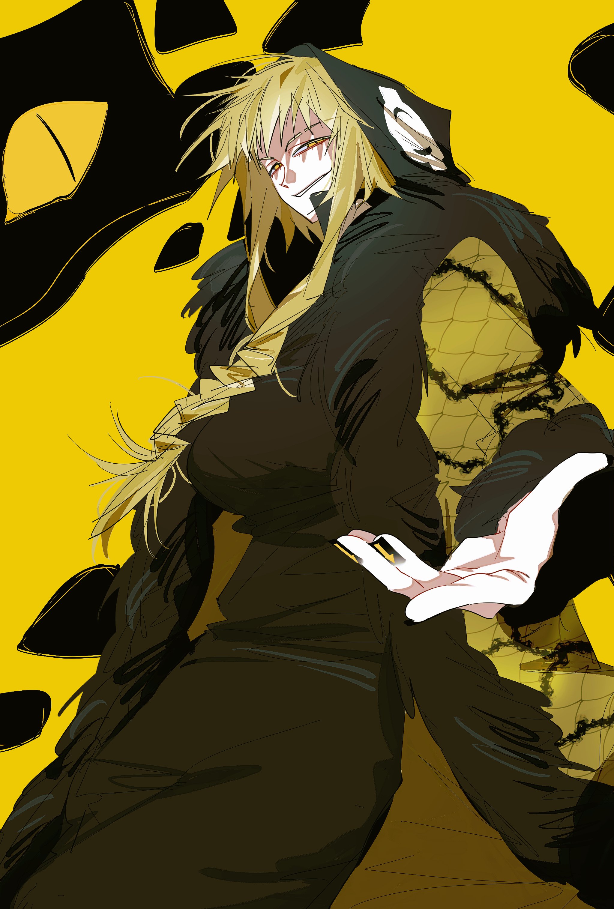 se 4242564, medusa gorgon, soul eater, absurdres, highres, 1girl, black hoodie, blonde hair, braid, everyone, hood, hoodie, long sleeves, mature male, reach-around, slit pupils, yellow background, yellow eyes
