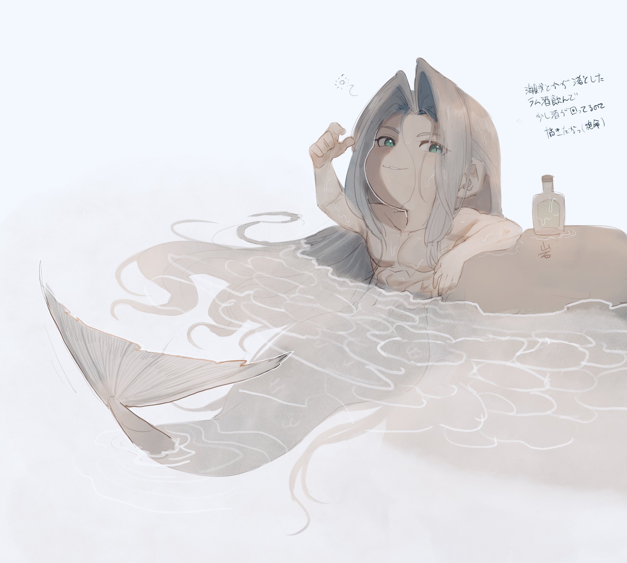 hattouissenbaka, sephiroth, final fantasy, final fantasy vii, commentary, highres, symbol-only commentary, translation request, 1boy, abs, arm up, blue background, chibi, chibi only, elbow rest, full body, green eyes, grey hair, grey tail, hair intakes, in water, long bangs, long hair, male focus, merman, monster boy, monsterification, nude, parted bangs, parted lips, rock, slit pupils, smile, toned, toned male, very long hair, water, wet