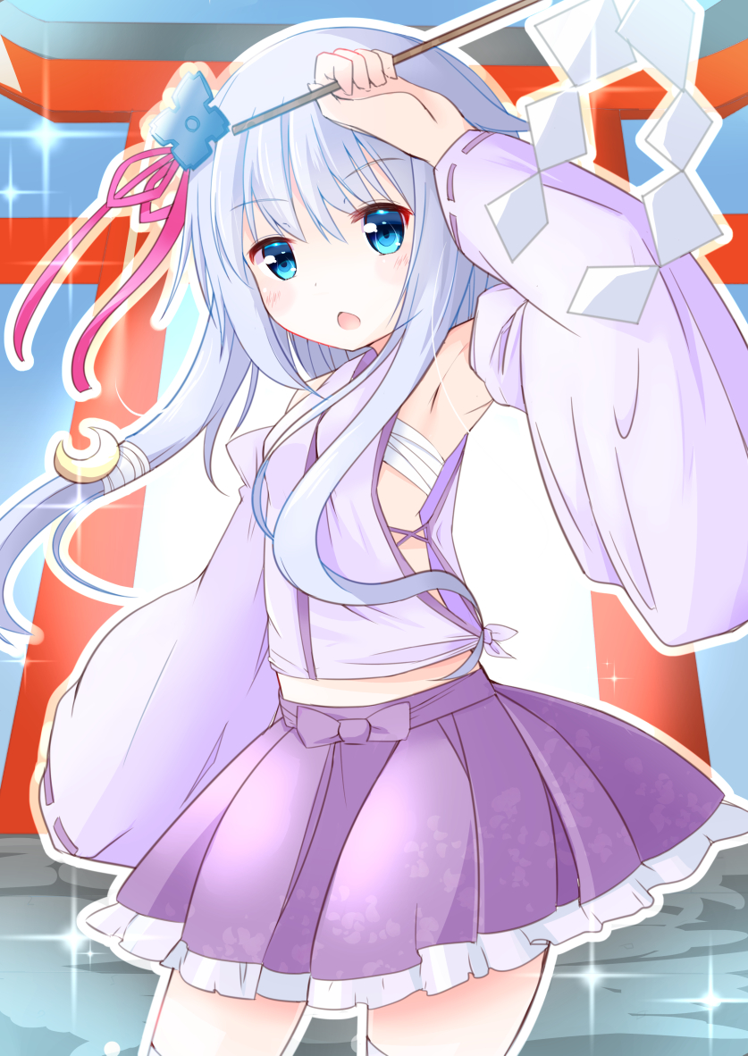 sou (soutennkouchi), yayoi (kancolle), kantai collection, 1girl, arm up, bandaged arm, bandaged leg, bandages, blue eyes, budget sarashi, frilled skirt, frills, hair ornament, hair ribbon, long hair, mask, open mouth, ribbon, sarashi, skirt, solo, sparkle