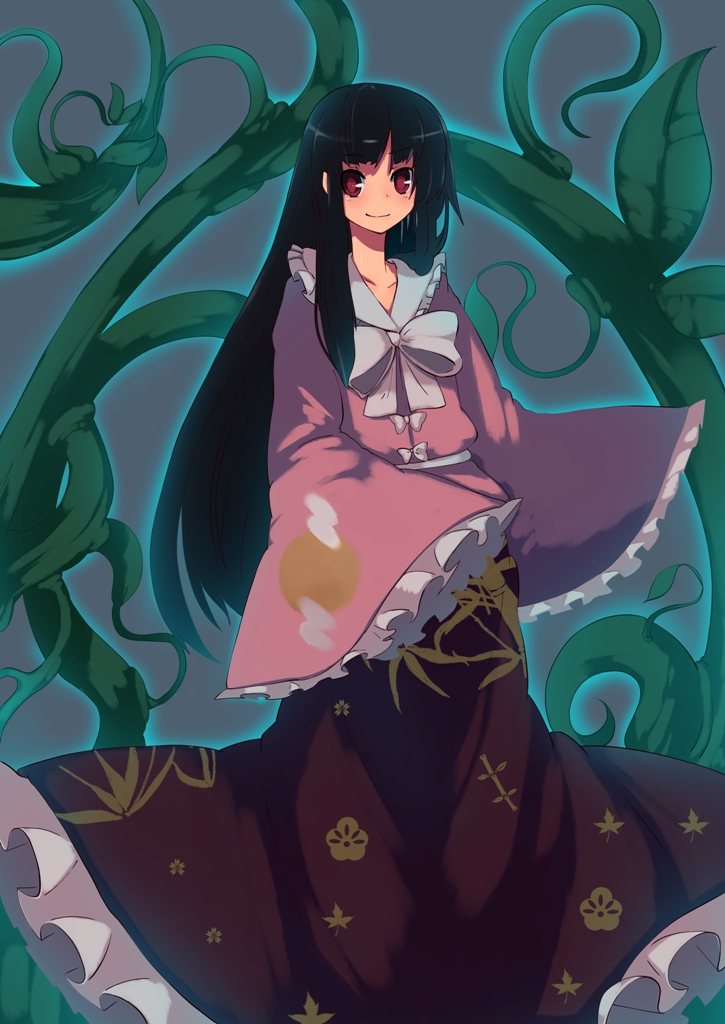fuurin (omaemona), houraisan kaguya, touhou, bad id, bad pixiv id, 1girl, black hair, female focus, japanese clothes, long hair, plant, red eyes, smile, solo, standing
