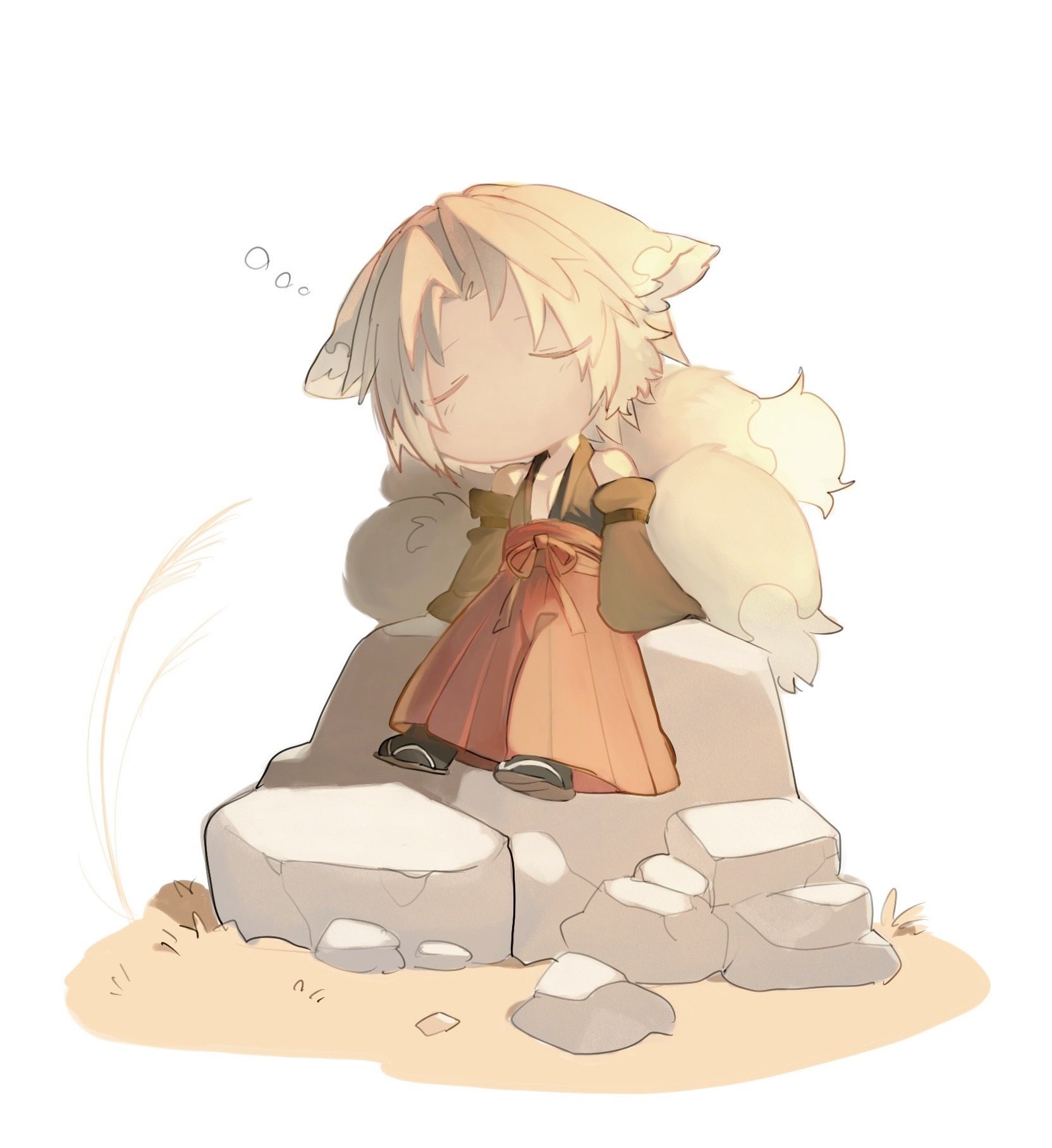 hattouissenbaka, sephiroth, sephiroth (ever crisis), final fantasy, final fantasy vii, final fantasy vii ever crisis, commentary, highres, symbol-only commentary, 1boy, animal ears, black kimono, black socks, chibi, chibi only, closed eyes, detached sleeves, ears down, fox boy, fox ears, fox tail, full body, geta, grass, grey fur, grey hair, hakama, hakama pants, japanese clothes, kemonomimi mode, kimono, kitsune, male focus, multiple tails, no mouth, on rock, open clothes, open kimono, outdoors, pants, parted bangs, red hakama, short hair, sitting, sleeping, sleeveless, sleeveless kimono, socks, solo, tabi, tail, wide sleeves