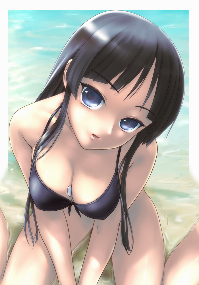 rasukaru, akiyama mio, k-on!, 00s, 1girl, beach, between breasts, bikini, black bikini, black hair, blue eyes, breasts, cleavage, day, female focus, front-tie top, kneeling, large breasts, long hair, ocean, plectrum, solo, swimsuit