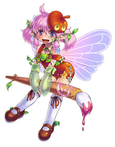 kenkou cross, leanan sidhe (monster girl encyclopedia), monster girl encyclopedia, original, bad id, bad pixiv id, lowres, official art, 1girl, art brush, blush, fairy, female focus, happy, hat, mini person, minigirl, monster girl, paintbrush, pink hair, purple eyes, simple background, socks, solo, white background, wings