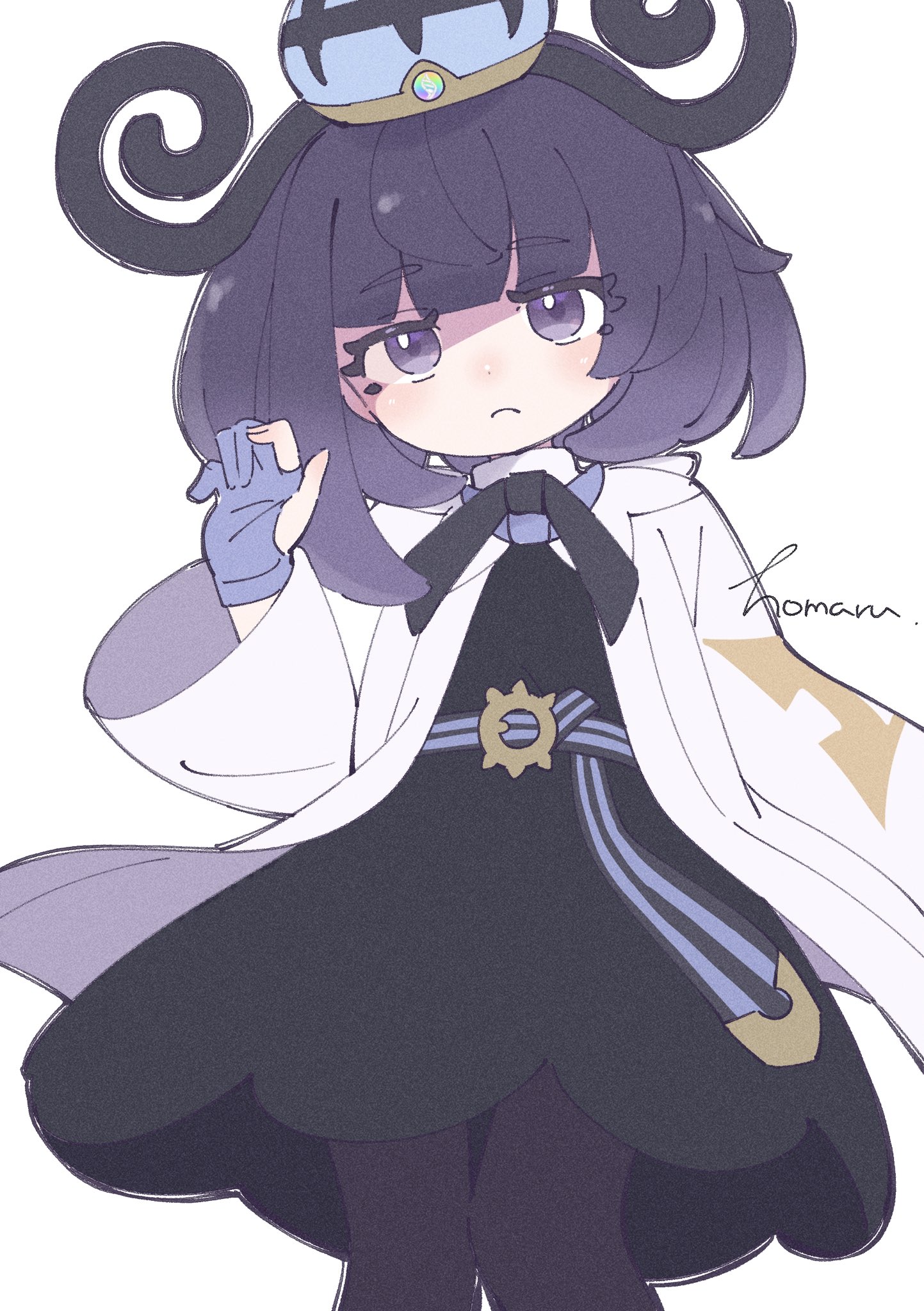 homaru (kurumique), gwynn (pokemon), nintendo, pokemon, pokemon legends: z-a, highres, 1girl, artist name, belt, belt buckle, blunt bangs, bob cut, buckle, closed mouth, coat, gloves, hat, long sleeves, looking at viewer, mega stone, o-ring, o-ring belt, open clothes, open coat, pantyhose, partially fingerless gloves, purple hair, short hair, solo, white background, white coat