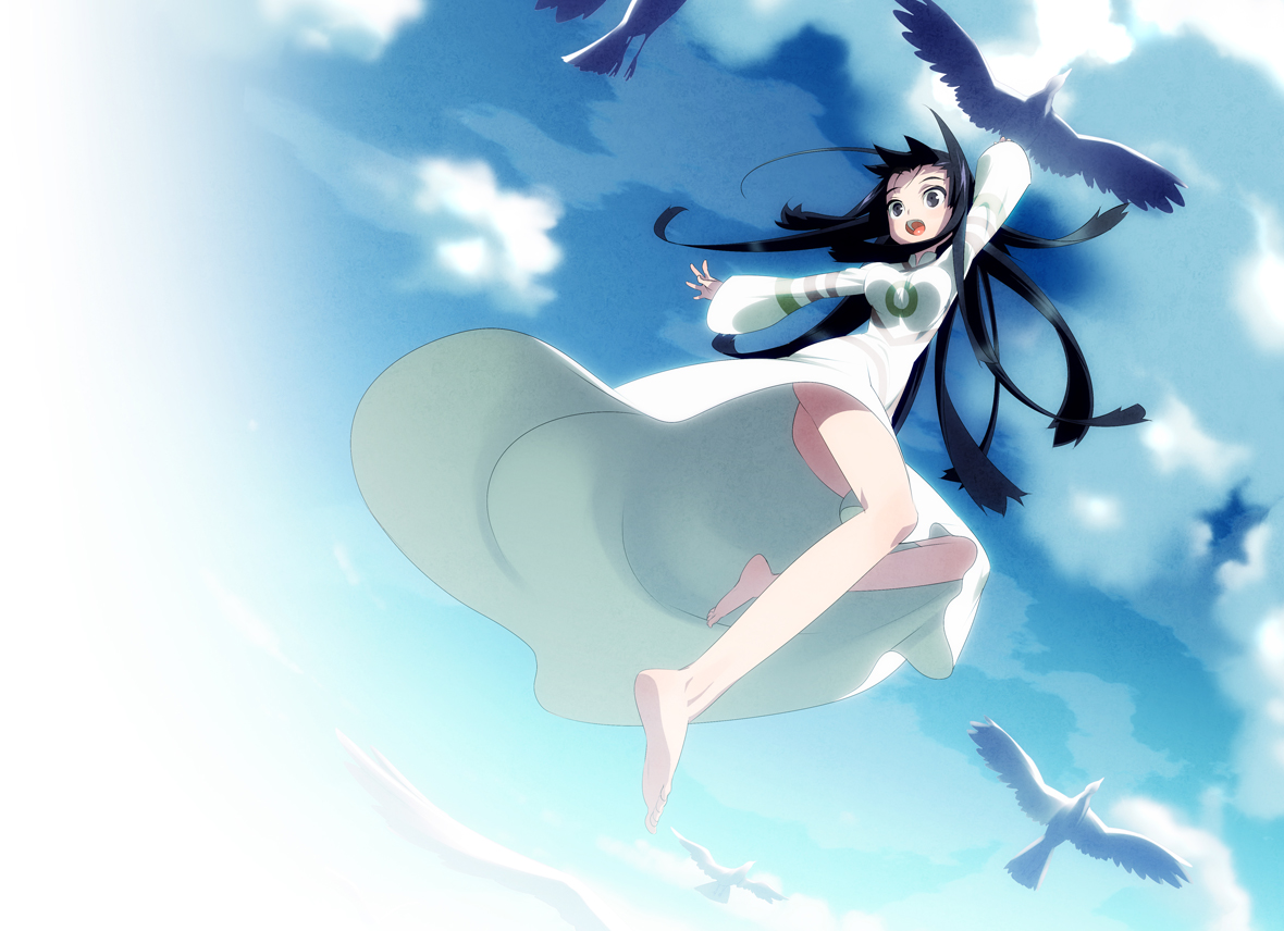tensugi takashi, mono (shadow of the colossus), shadow of the colossus, bad id, bad pixiv id, 1girl, ass, barefoot, bird, black hair, clothes between thighs, cloud, day, dress, feet, female focus, flying, full body, long hair, midair, sky, soles, solo, toes, upskirt