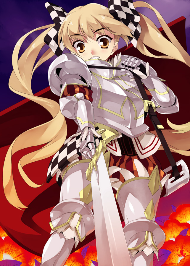 shirota dai, berich (7th dragon), knight (7th dragon), 7th dragon, 7th dragon (series), light brown hair, bad id, bad pixiv id, 1girl, armor, blonde hair, brown eyes, brown hair, cape, female focus, hair ribbon, long hair, ribbon, solo, sword, twintails, very long hair, weapon
