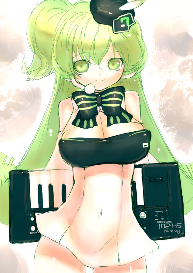 rondo bell, macne nana, apple inc., macne series, os-tan, bad id, bad pixiv id, 1girl, breasts, cleavage, female focus, green eyes, green hair, hat, instrument, keyboard, keyboard (instrument), large breasts, long hair, macintosh, matching hair/eyes, mini hat, mini top hat, personification, ribbon, smile, solo, top hat