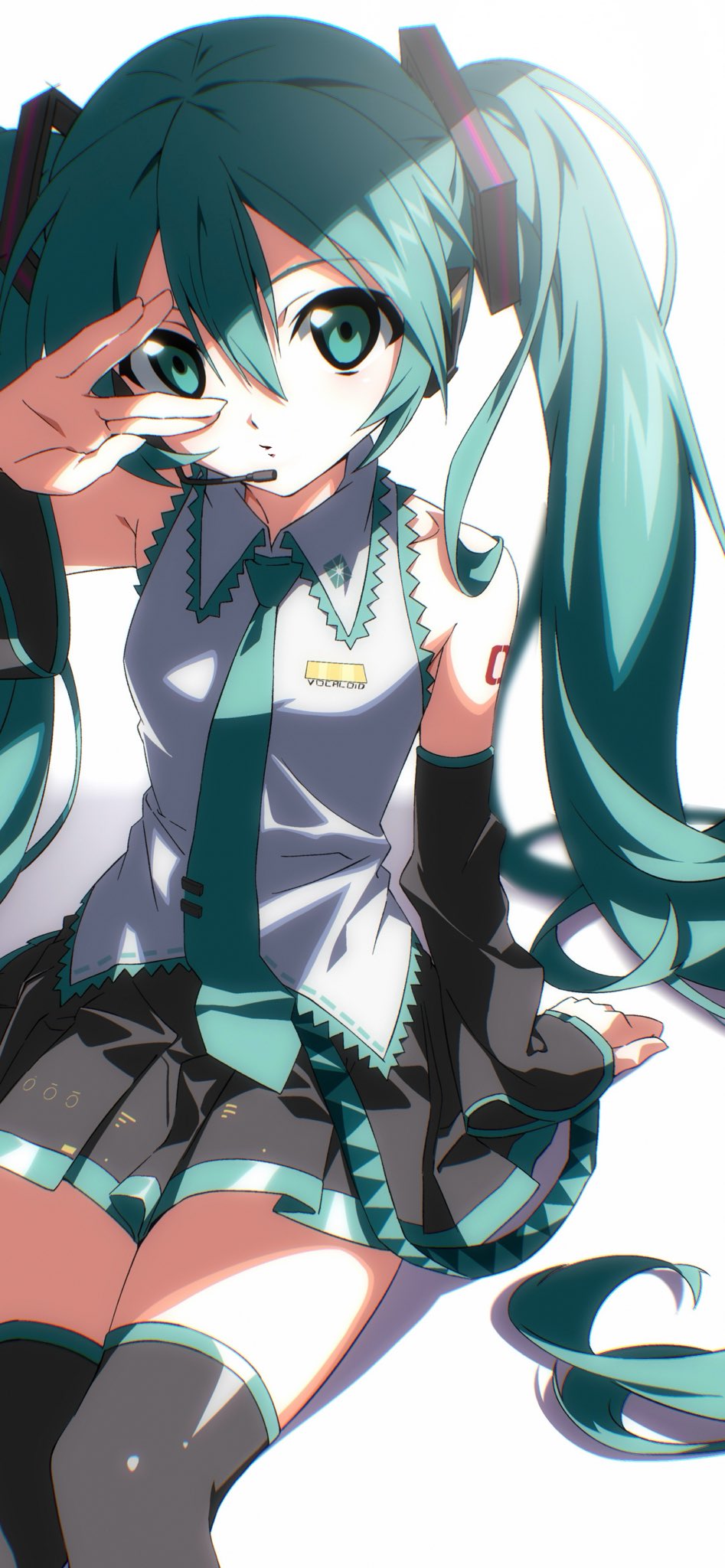 miko heb, hatsune miku, vocaloid, cropped, highres, 1girl, \//, aqua eyes, aqua hair, aqua necktie, aqua trim, black skirt, black sleeves, black thighhighs, collared shirt, detached sleeves, hair between eyes, hair ornament, headset, long hair, looking at viewer, necktie, shade, shirt, shoulder tattoo, sitting, skirt, sleeveless, sleeveless shirt, solo, tattoo, thighhighs, twintails, v, v over eye, very long hair, white shirt