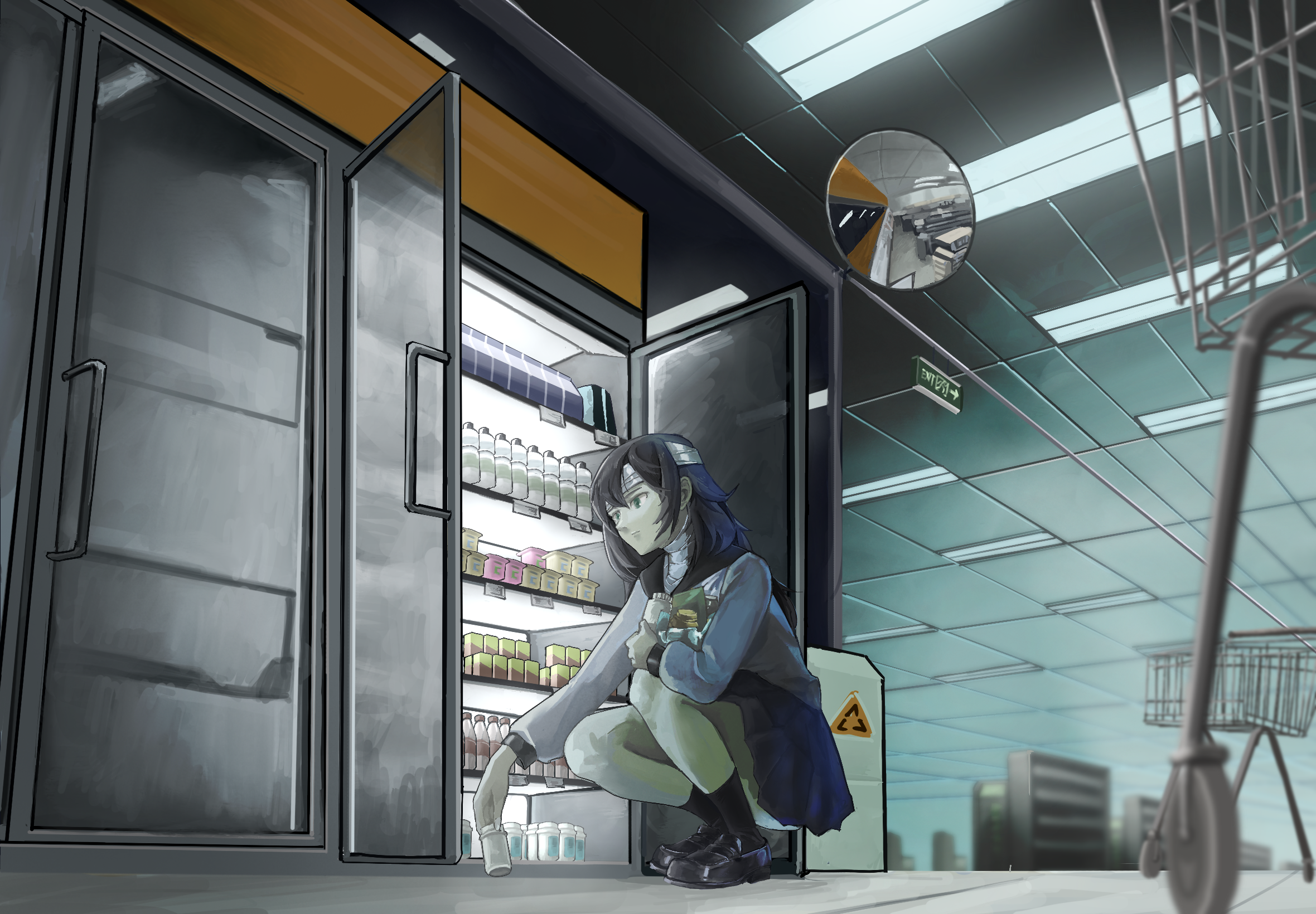 bin jiang, shinonome ryouko (juusan kihei bouei ken), juusan kihei bouei ken, commentary, highres, 1girl, arrow (symbol), bandaged head, bandaged neck, bandages, black hair, food, grocery store, holding, holding food, long hair, recycling symbol, school uniform, shopping cart, skirt, solo