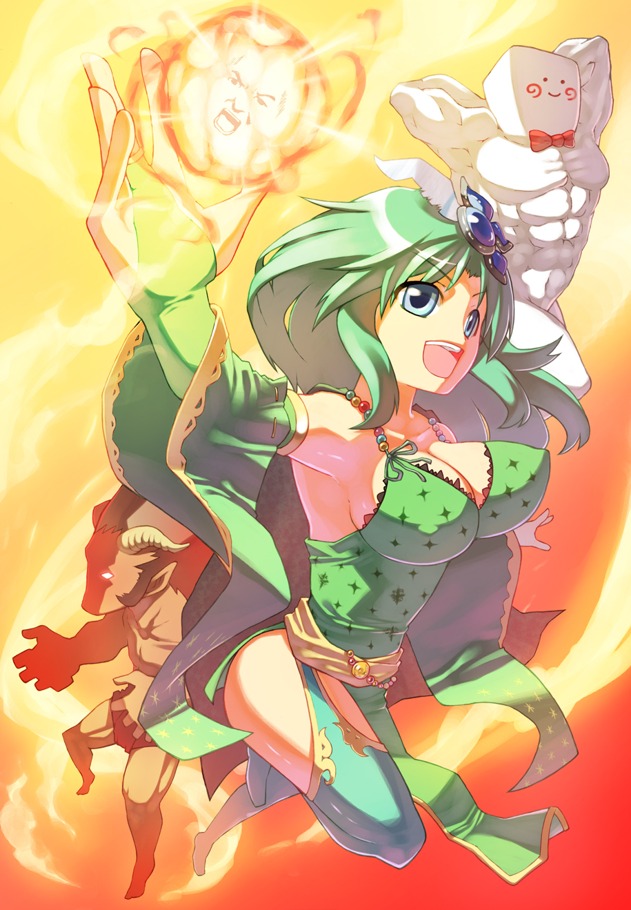 takeda kanryuusai, ifrit (final fantasy), rydia (adult) (ff4), rydia (ff4), whyt, final fantasy, final fantasy iv, bad id, bad pixiv id, highres, 1990s (style), 1girl, aged up, armpits, blue eyes, boots, breasts, cleavage, detached sleeves, green boots, green hair, large breasts, long hair, monster, muscular, retro artstyle, sunset, thighhighs