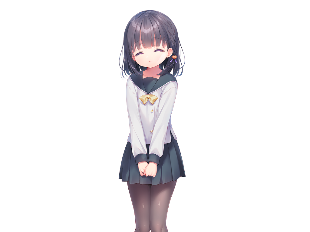 piyodera mucha, kazari (mainichi kiss shite lolita), mainichi kiss shite lolita, game cg, large variant set, non-web source, variant set, 1girl, ^ ^, black hair, black pantyhose, black sailor collar, black skirt, blunt bangs, bow, bowtie, buttons, closed eyes, closed mouth, collarbone, feet out of frame, long sleeves, miniskirt, pantyhose, pleated skirt, sailor collar, school uniform, serafuku, shirt, short hair, simple background, skirt, smile, solo, standing, tachi-e, transparent background, white shirt, yellow bow, yellow bowtie