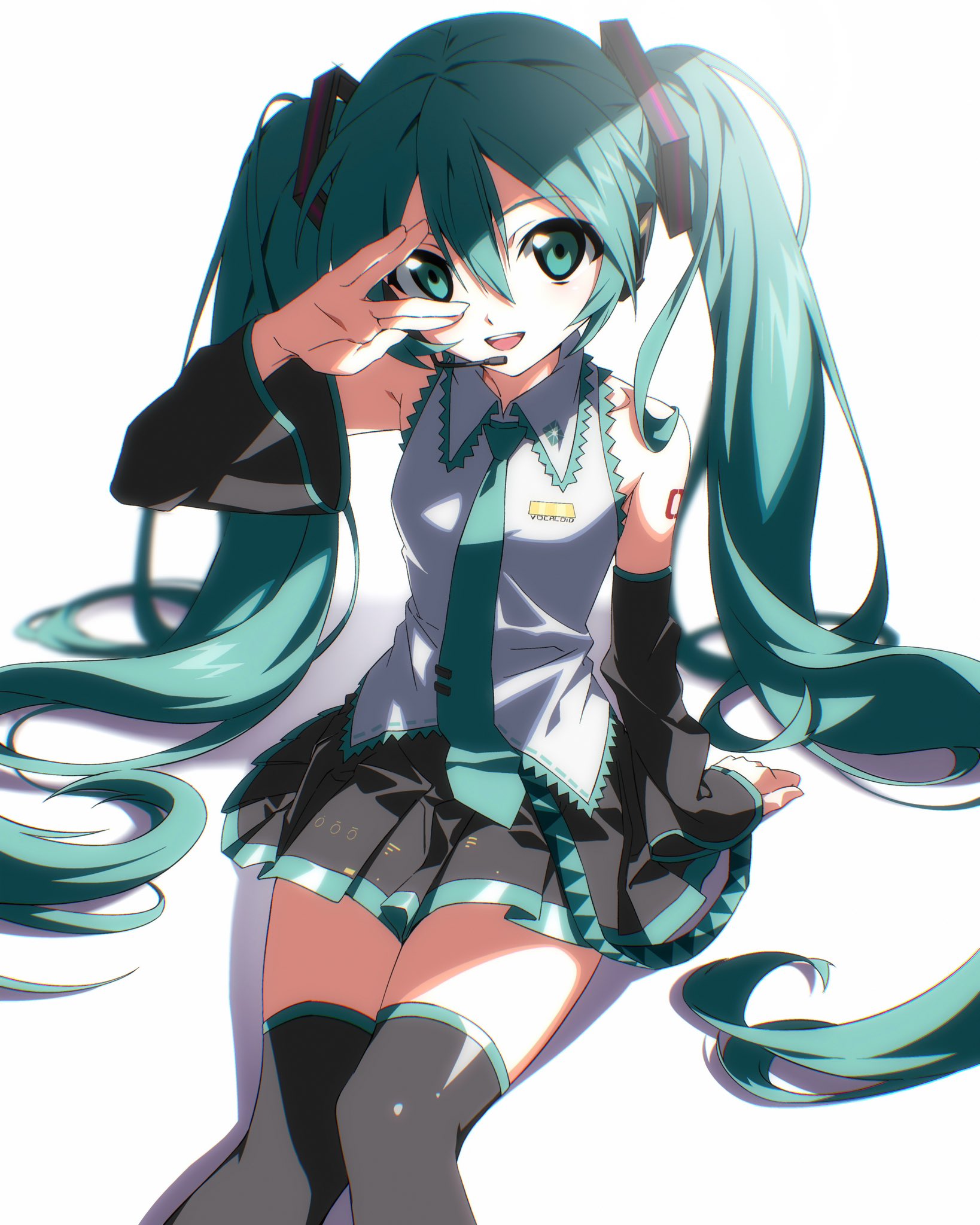 miko heb, hatsune miku, vocaloid, highres, 1girl, \//, aqua eyes, aqua hair, aqua necktie, aqua trim, black skirt, black sleeves, black thighhighs, collared shirt, detached sleeves, hair between eyes, hair ornament, headset, long hair, looking at viewer, necktie, open mouth, shade, shirt, shoulder tattoo, sitting, skirt, sleeveless, sleeveless shirt, smile, solo, tattoo, teeth, thighhighs, twintails, upper teeth only, v, v over eye, very long hair, white shirt