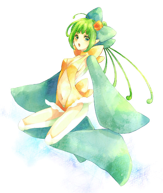 tayako, bad id, bad pixiv id, :o, blush, green hair, hair ribbon, midriff, oversized clothes, ribbon, solo