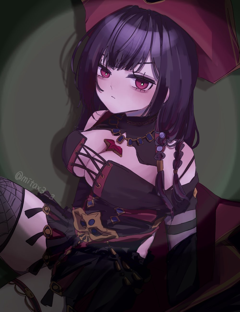 queen anne's revenge (azur lane), azur lane, highres, 1girl, artist name, asymmetrical legwear, black hair, black thighhighs, braid, breasts, cleavage, closed mouth, hat, large breasts, light blush, long hair, looking at viewer, mitax3 3, pirate hat, red eyes, single thighhigh, solo, thigh strap, thighhighs