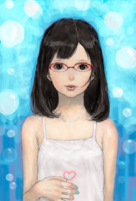 ponsuke (pon00000), bad id, bad pixiv id, 1girl, aqua nails, black eyes, black hair, camisole, female focus, flat chest, glasses, long hair, nail polish, solo