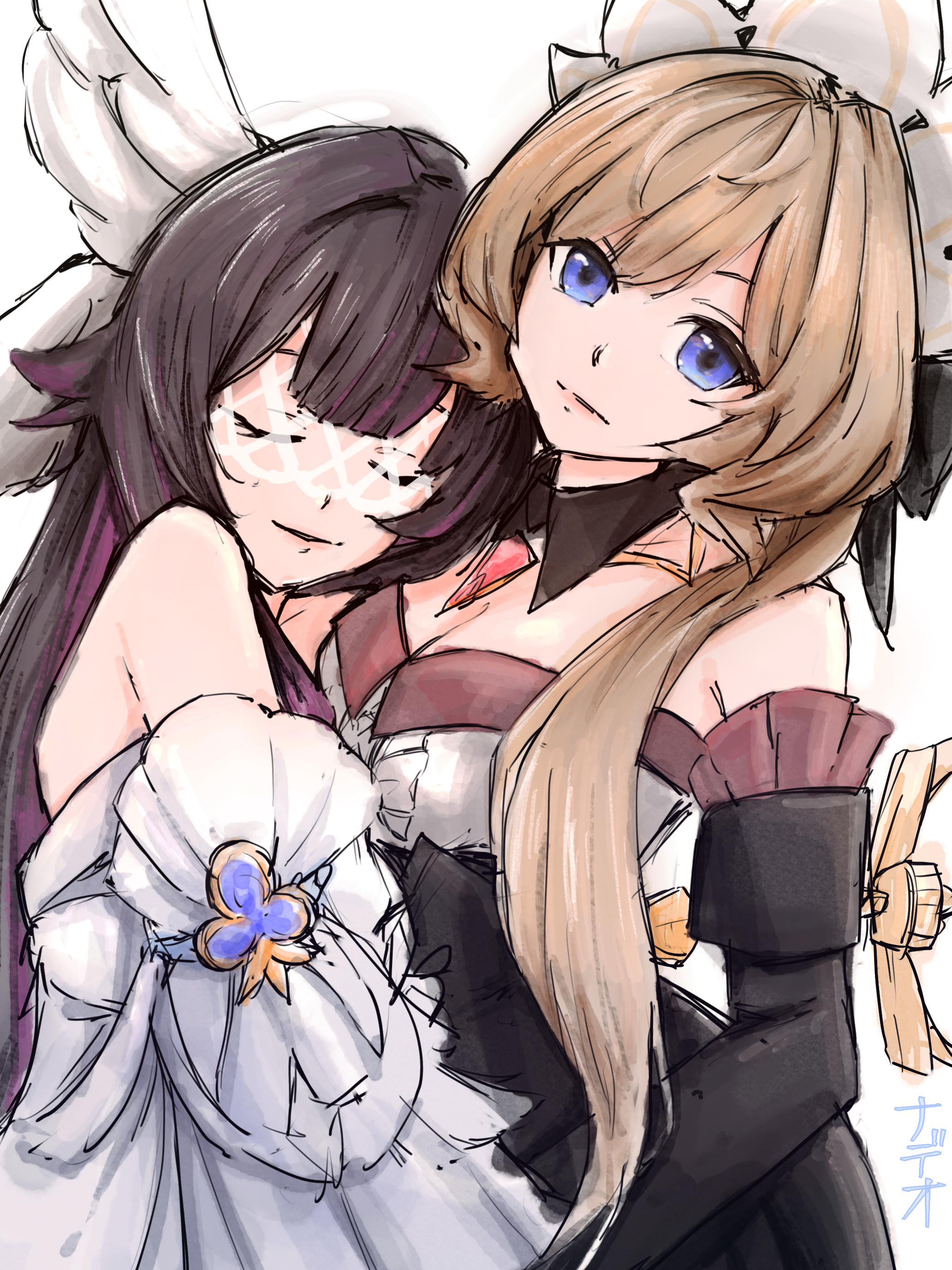 columbina (genshin impact), sandrone (genshin impact), genshin impact, absurdres, highres, 2girls, bare shoulders, black dress, black hair, blue eyes, breasts, brown hair, cleavage, closed eyes, detached sleeves, dress, long hair, long sleeves, multiple girls, nadeko03, simple background, smile, strapless, strapless dress, two-tone dress, upper body, very long hair, white background, white dress, yuri