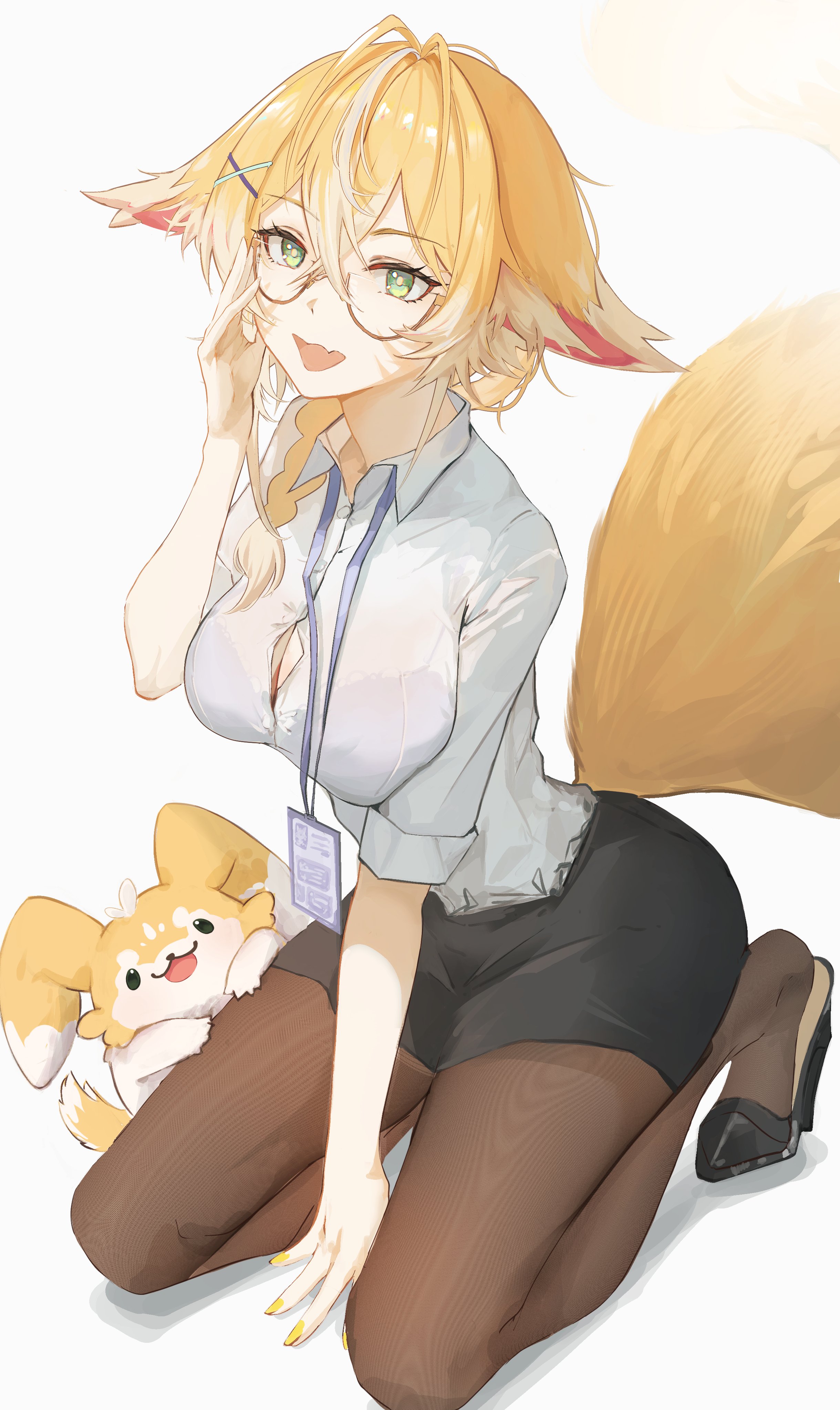 hrk (dxez4457), indie virtual youtuber, absurdres, commentary request, commission, highres, skeb commission, 1girl, :d, animal, animal ears, arm up, badge, black bra, black shoes, black skirt, blonde hair, bra, braid, breasts, brown pantyhose, cleavage, collar, collared shirt, crossed bangs, fingernails, fox ears, fox girl, fox tail, full body, glasses, green eyes, hair ornament, high heels, konoobi (vtuber), large breasts, long hair, looking at viewer, miniskirt, nail polish, open mouth, pantyhose, see-through clothes, see-through shirt, seiza, shirt, shoes, short sleeves, simple background, single braid, sitting, skirt, smile, solo, tail, underwear, white background, white collar, x hair ornament, yellow nails