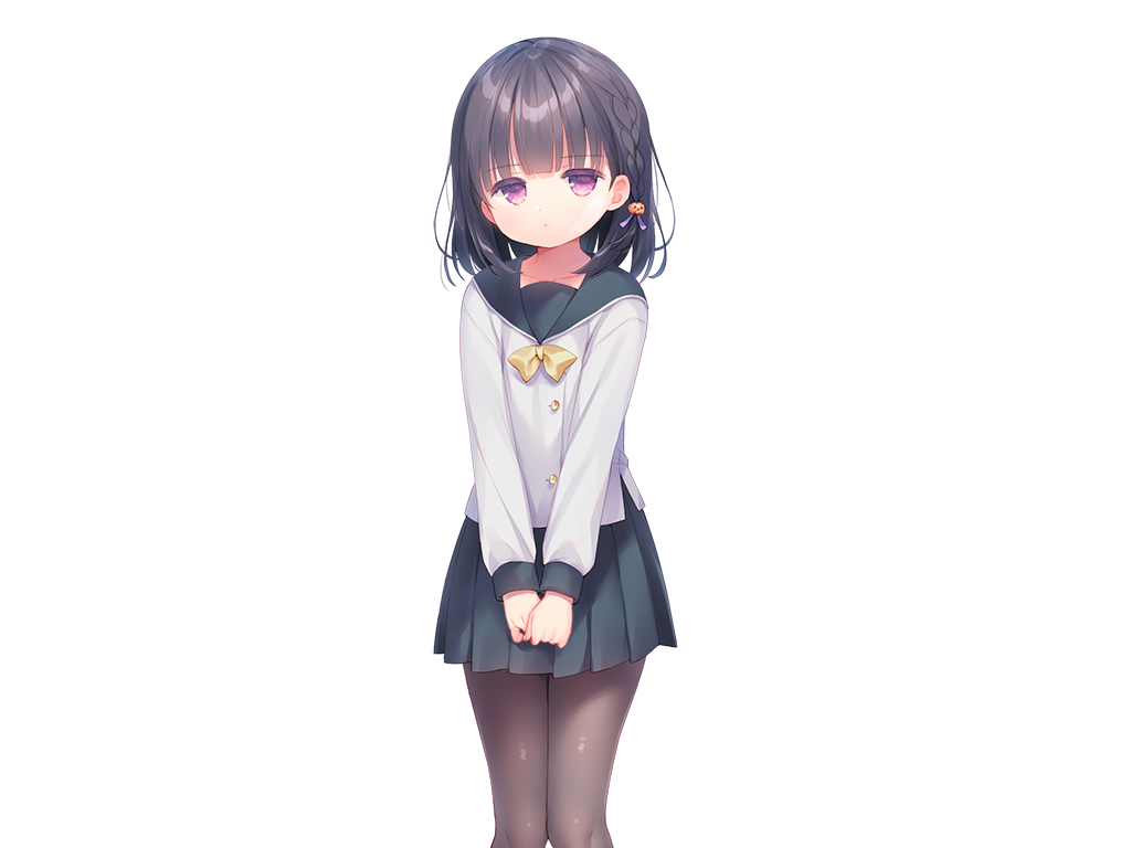 piyodera mucha, kazari (mainichi kiss shite lolita), mainichi kiss shite lolita, game cg, large variant set, non-web source, variant set, 1girl, black hair, black pantyhose, black sailor collar, black skirt, blunt bangs, bow, bowtie, buttons, closed mouth, collarbone, feet out of frame, long sleeves, looking at viewer, miniskirt, pantyhose, pink eyes, pleated skirt, sailor collar, school uniform, serafuku, shirt, short hair, simple background, skirt, solo, standing, tachi-e, transparent background, white shirt, yellow bow, yellow bowtie