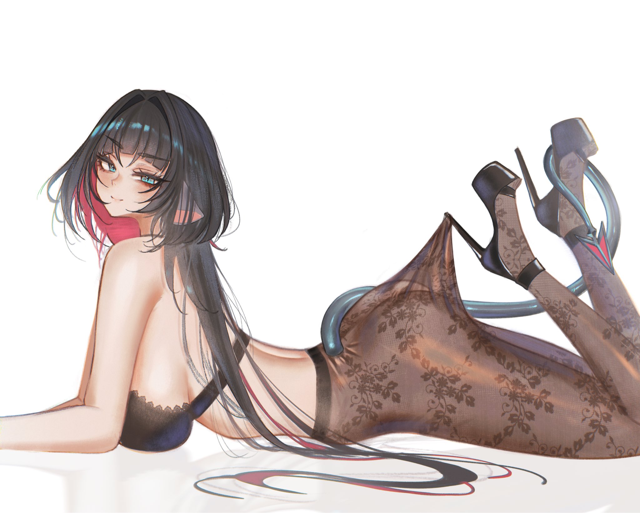 s7nsles, jane doe (zenless zone zero), zenless zone zero, commentary, english commentary, highres, 1girl, alternate costume, animal ears, ass, bare shoulders, black bra, black hair, black shoes, blue eyes, bra, breasts, brown pantyhose, closed mouth, floral print pantyhose, from side, grey tail, high heels, hooked on heel, lace pantyhose, lace pantyhose hooked on heel (meme), large breasts, long hair, long tail, looking at viewer, lying, meme, mouse ears, mouse girl, mouse tail, no shirt, on stomach, pantyhose, reflection, see-through clothes, sharp tail, shoes, simple background, solo, tail, underwear, white background
