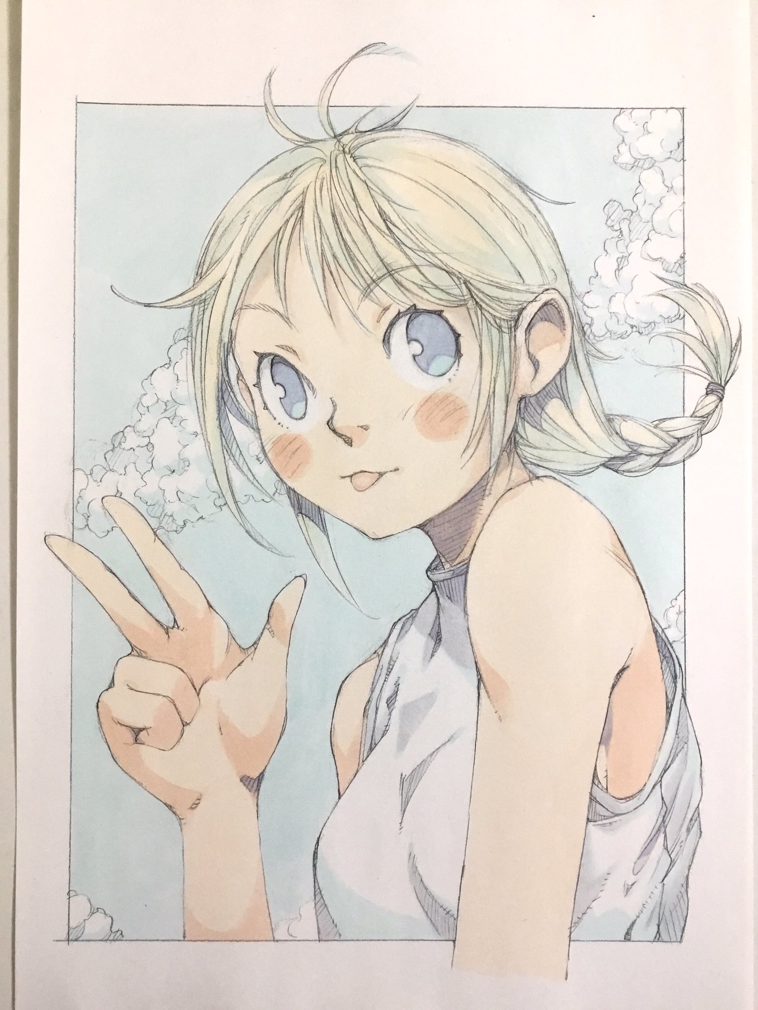 peter salt, original, commentary, highres, traditional media, 1girl, :p, blonde hair, blue eyes, blue sky, blush, braid, breasts, closed mouth, cloud, looking at viewer, medium breasts, shirt, short hair, single braid, sky, sleeveless, sleeveless shirt, solo, tongue, tongue out, upper body, w, white shirt