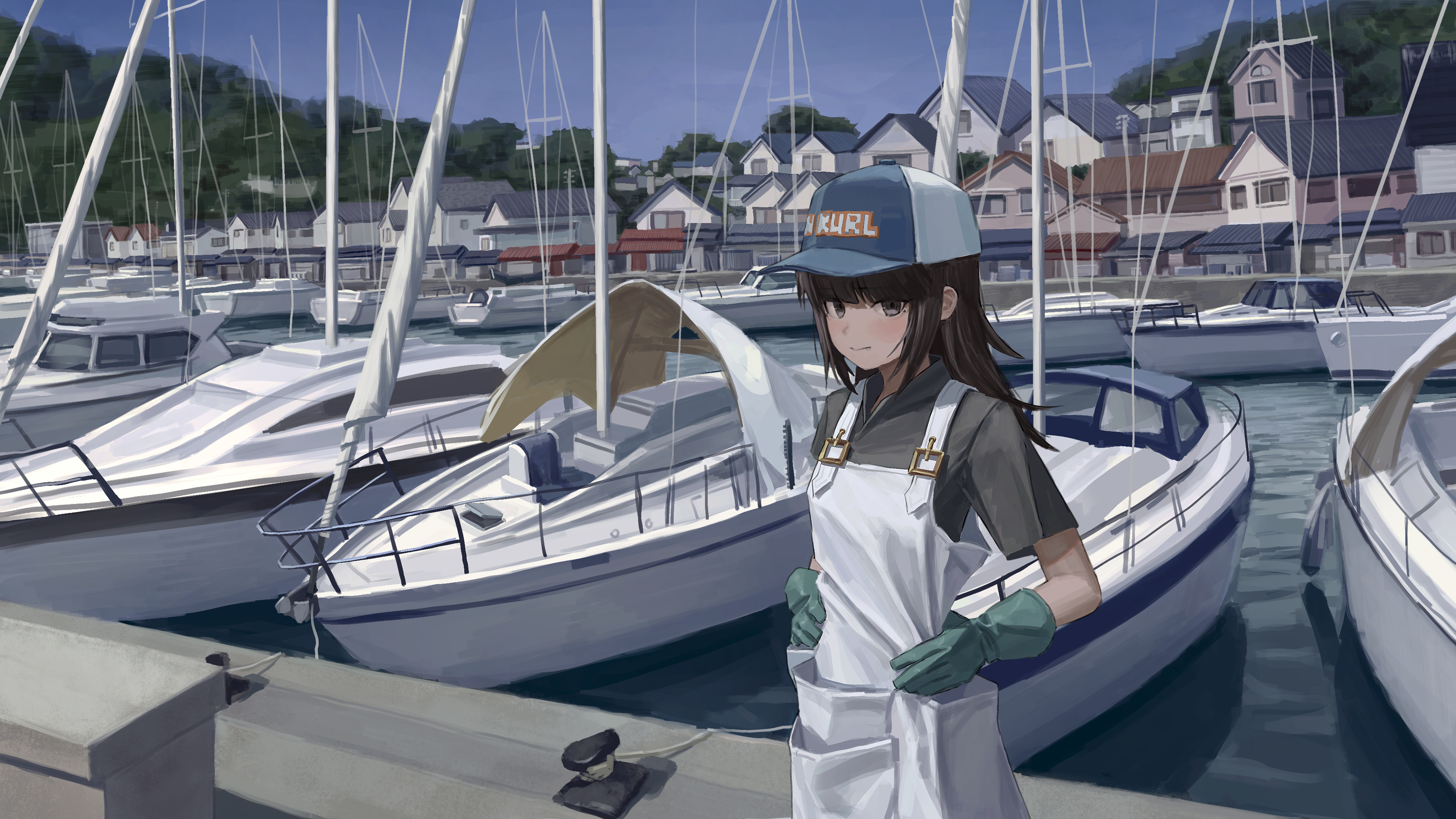 an yb, original, absurdres, commentary, highres, 1girl, architecture, baseball cap, black hair, blue sky, blunt bangs, boat, closed mouth, east asian architecture, fang, fang out, forest, gloves, green gloves, grey eyes, grey shirt, hands on own hips, hat, house, long hair, looking at viewer, nature, outdoors, overalls, pier, rubber gloves, scenery, shirt, short sleeves, sky, solo, standing, town, water, watercraft, white overalls, wide shot