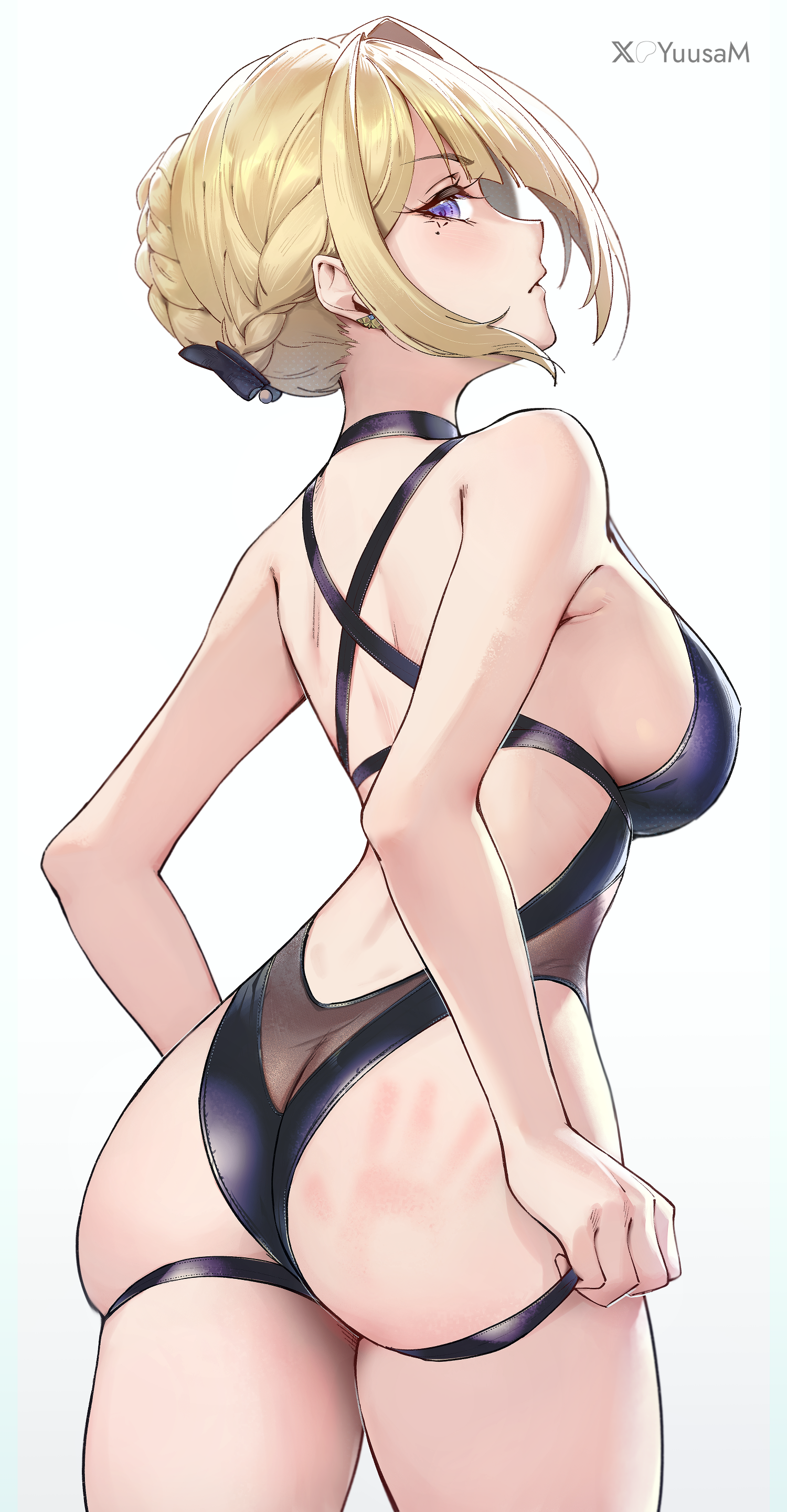 yuusa matsushima, evelyn chevalier, zenless zone zero, absurdres, commentary, highres, 1girl, alternate costume, artist name, ass, black one-piece swimsuit, blonde hair, breasts, butt crack, from behind, hair up, large breasts, looking at viewer, looking back, mole, mole under eye, one-piece swimsuit, parted lips, purple eyes, simple background, slap mark, solo, swimsuit, thigh strap, white background