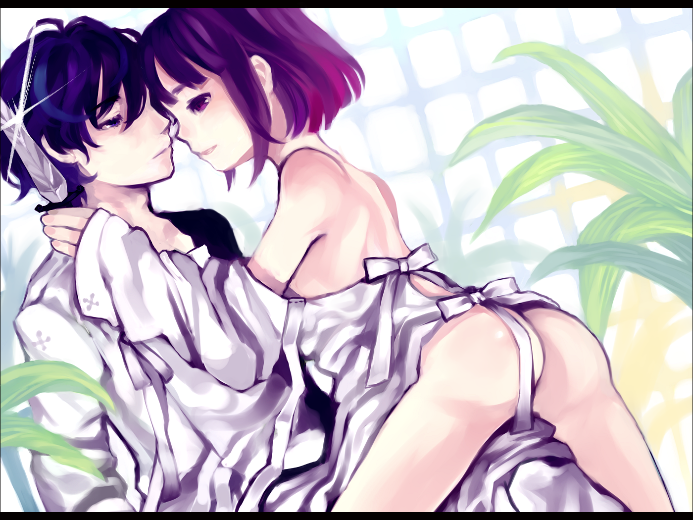 tan (tangent), ted (artist), soror, elysion, sound horizon, bad id, bad pixiv id, 1boy, 1girl, ass, bare shoulders, brother and sister, knife, no panties, off shoulder, purple hair, short hair, siblings, undressing