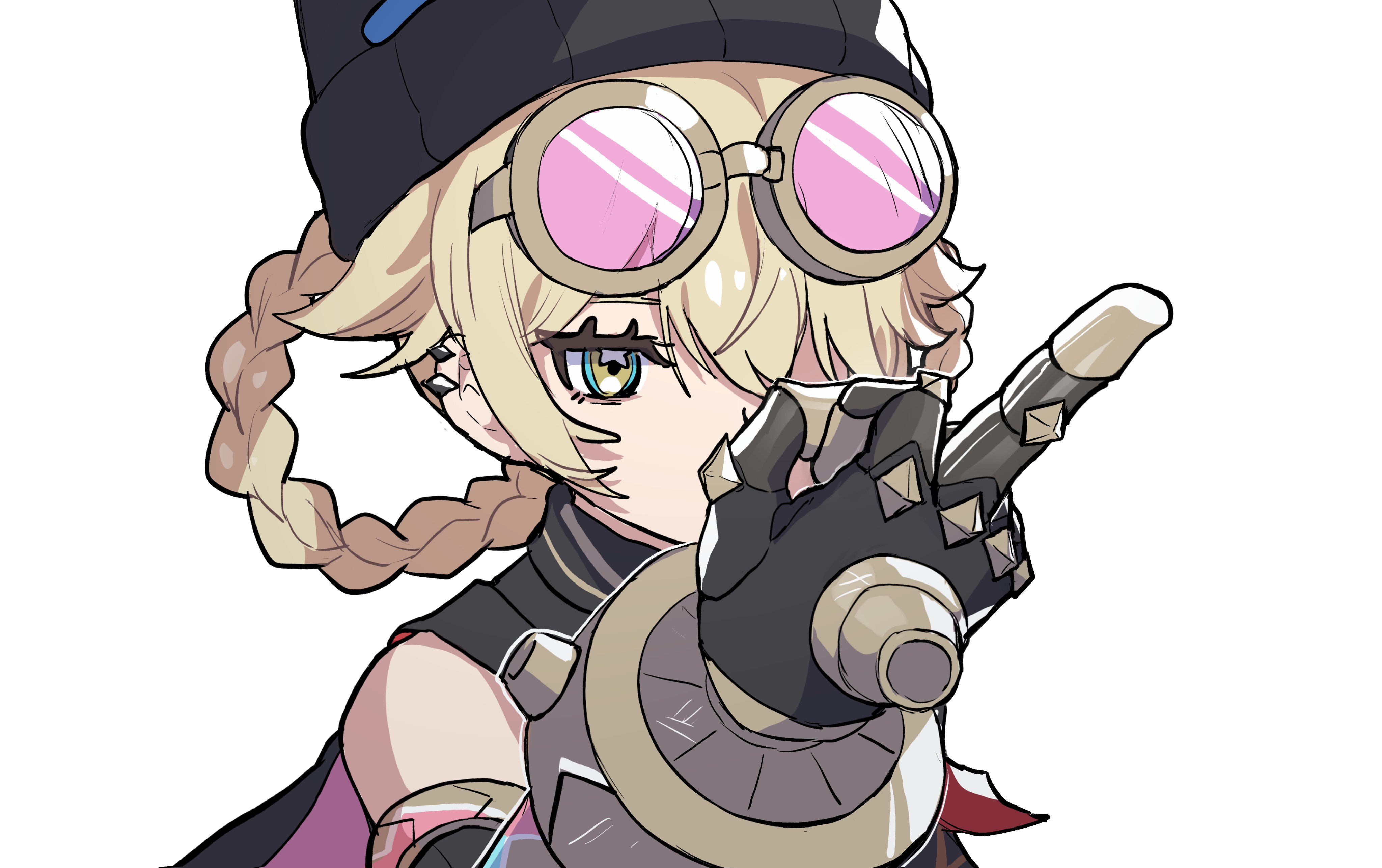 sakana (fishchunk), jahoda (genshin impact), genshin impact, absurdres, highres, 1girl, bare shoulders, black hat, blonde hair, braid, braided hair rings, eyewear on head, hair rings, hat, middle finger, short hair, simple background, solo, sunglasses, upper body, white background
