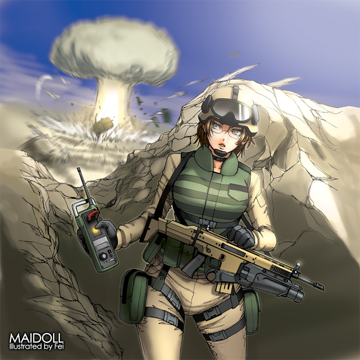 fei (maidoll), call of duty, call of duty: modern warfare 2, emerald zone, 1girl, assault rifle, battlefield, combat helmet, explosion, female focus, fn 40gl, fn eglm, fn scar, glasses, grenade launcher, gun, helmet, military, military combat uniform, military uniform, modular weapon system, mushroom cloud, nuclear weapon, rifle, scar-h, soldier, solo, thigh strap, transforming weapon, under-barrel configuration, underbarrel grenade launcher, weapon