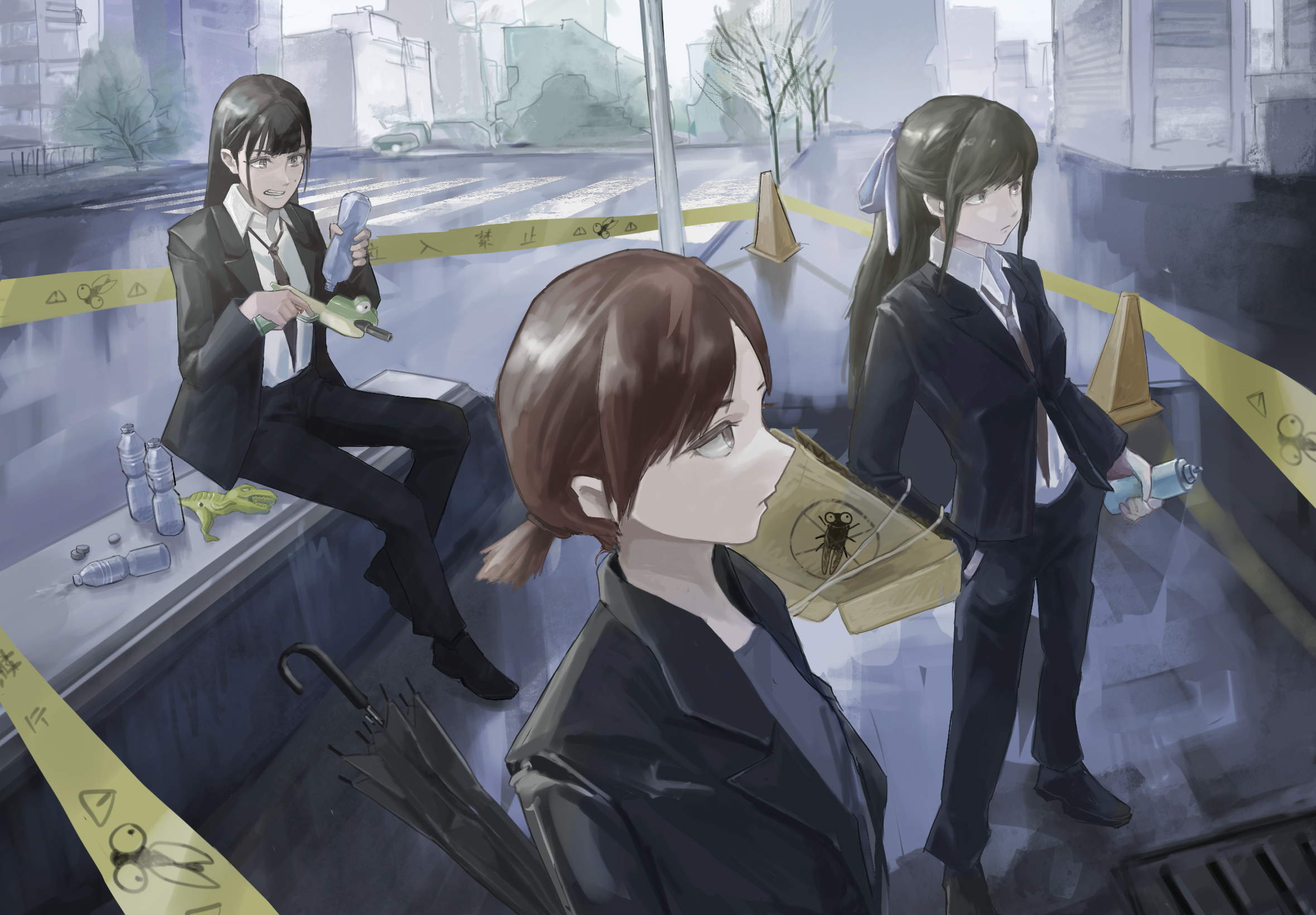 bin jiang, original, commentary, highres, 3girls, black hair, bottle, brown hair, holding, holding umbrella, holding water gun, long hair, multiple girls, necktie, ponytail, traffic cone, tree, umbrella, water bottle, water gun