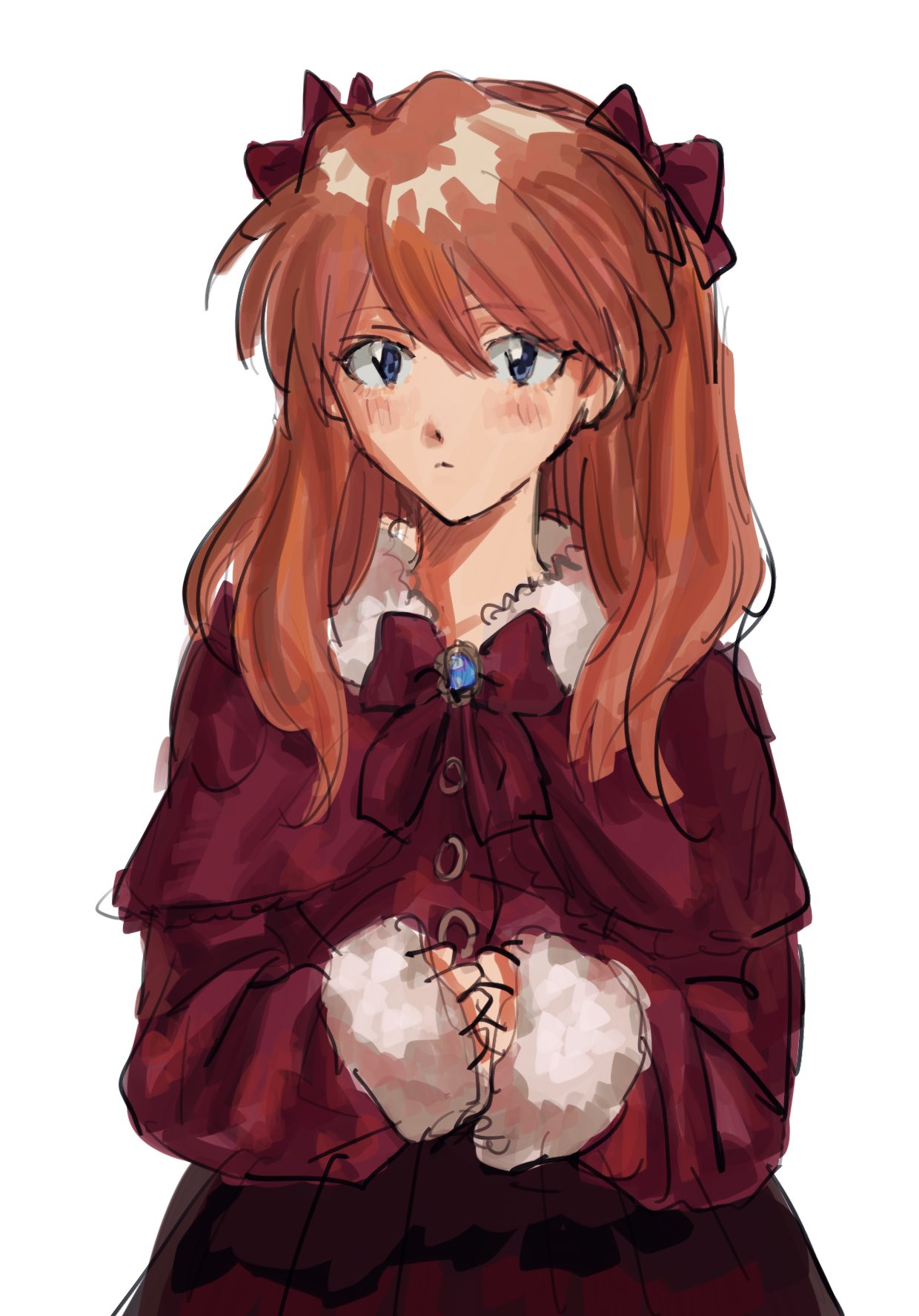 souryuu asuka langley, neon genesis evangelion, highres, 1girl, blue eyes, blue gemstone, blush, bow, bowtie, buttons, capelet, closed mouth, dress, fur-trimmed dress, fur-trimmed sleeves, fur trim, gem, hair between eyes, hair bow, jewelry, kuni821, long hair, long sleeves, looking at viewer, orange hair, own hands together, pendant, puffy long sleeves, puffy sleeves, red bow, red bowtie, red capelet, red dress, simple background, solo, wavy hair, white background