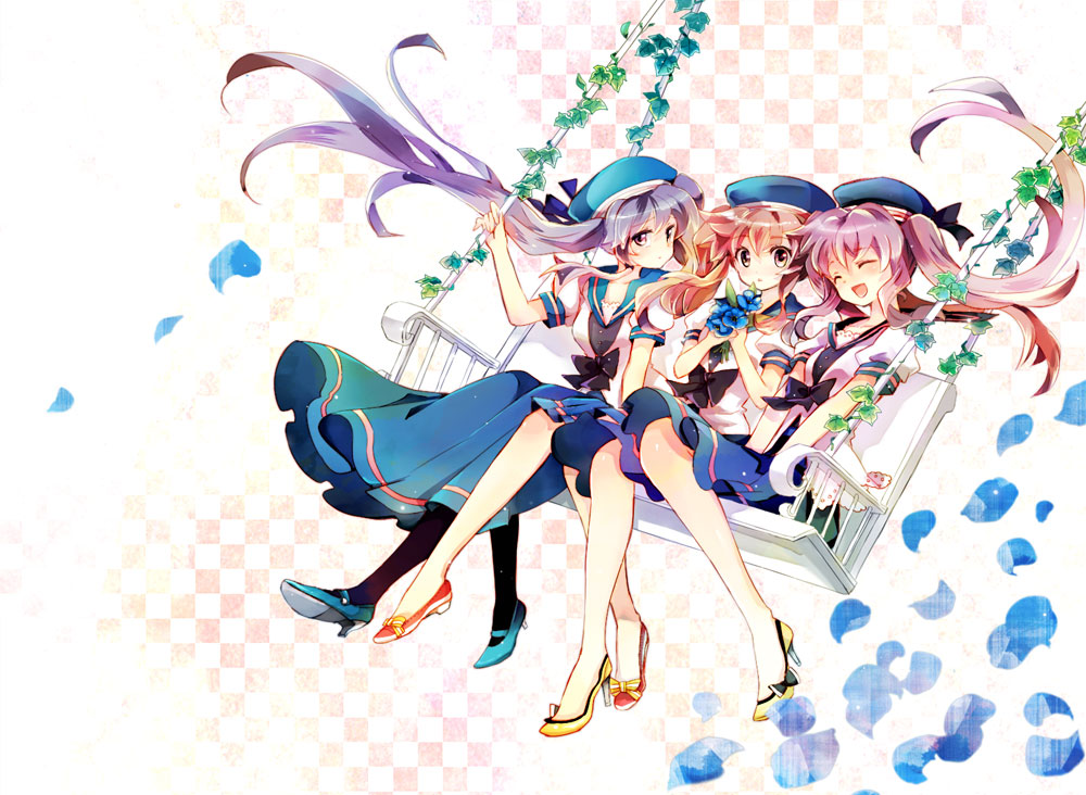 hara yui, original, bad id, bad pixiv id, 3girls, beret, brown hair, flower, hat, legs, long hair, multiple girls, purple hair, school uniform, skirt, yellow eyes