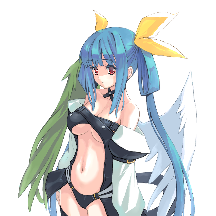 amano yuu, dizzy (guilty gear), arc system works, guilty gear, 1girl, asymmetrical wings, blue hair, bow, breasts, colored eyelashes, female focus, hair bow, long hair, red eyes, solo, twintails, underboob, wings