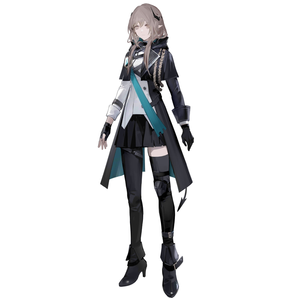 chuzenji, arknights, official art, third-party source, 1girl, ankle boots, asymmetrical gloves, asymmetrical legwear, asymmetrical sleeves, black boots, black coat, black gloves, black pantyhose, black skirt, black thighhighs, boots, brown eyes, brown hair, closed mouth, coat, demon horns, demon tail, fingerless gloves, full body, gloves, high heel boots, high heels, horns, long hair, long sleeves, mismatched gloves, mismatched sleeves, pantyhose, pleated skirt, rosella (arknights), simple background, single fingerless glove, single leg pantyhose, single thighhigh, skirt, solo, standing, tachi-e, tail, thighhighs, transparent background, uneven legwear