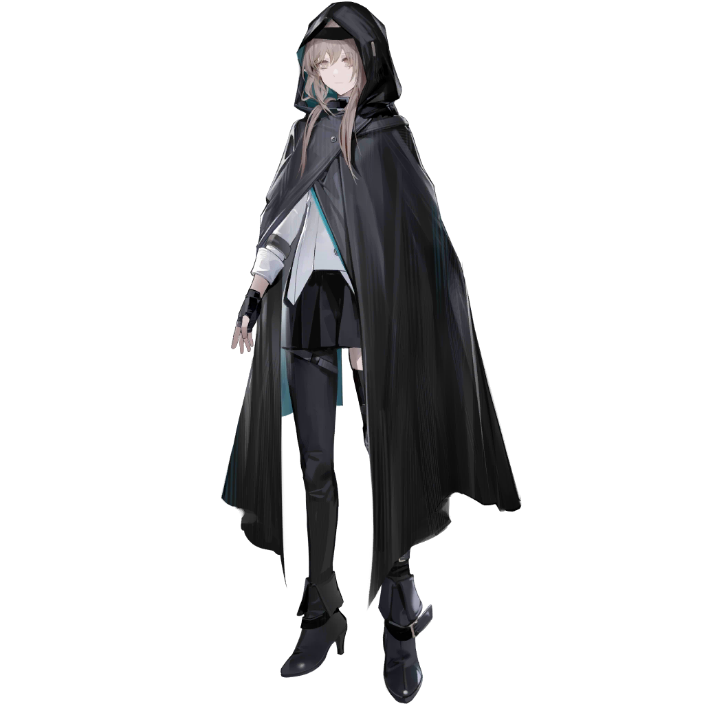 chuzenji, arknights, official art, third-party source, 1girl, ankle boots, asymmetrical legwear, black boots, black cloak, black gloves, black pantyhose, black skirt, black thighhighs, boots, brown eyes, brown hair, cloak, closed mouth, fingerless gloves, full body, gloves, high heel boots, high heels, hood, hood up, hooded cloak, long hair, long sleeves, pantyhose, pleated skirt, rosella (arknights), simple background, single leg pantyhose, single thighhigh, skirt, solo, standing, tachi-e, thighhighs, transparent background, uneven legwear