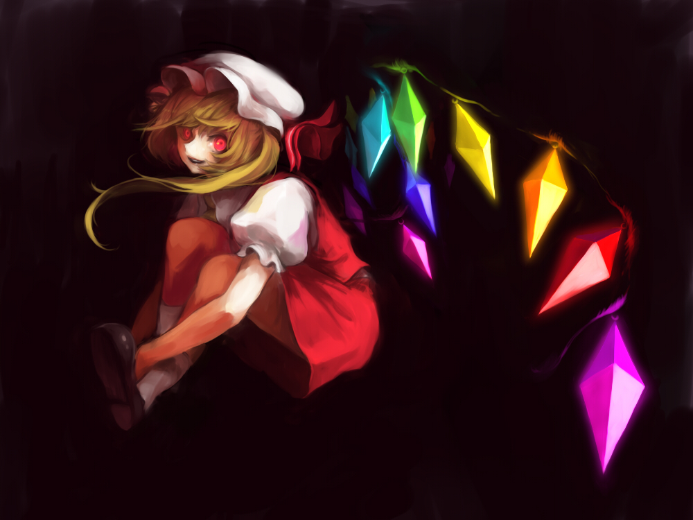 tetsuko (tetsuko009), flandre scarlet, touhou, bad id, bad pixiv id, 1girl, blonde hair, female focus, glowing, glowing eyes, hat, hugging own legs, ponytail, red eyes, short hair, side ponytail, sitting, solo, wings