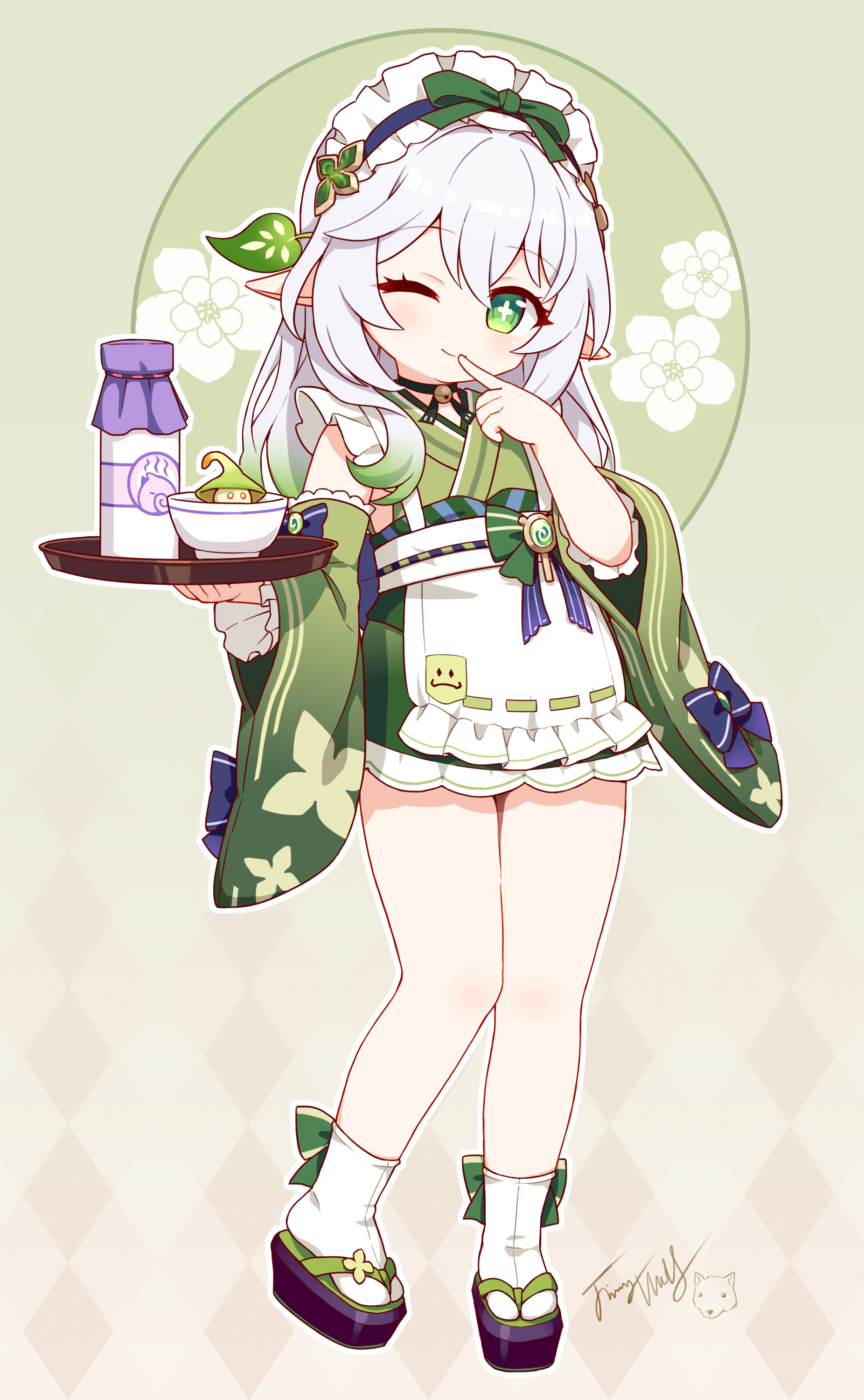 langbazi, nahida (genshin impact), genshin impact, absurdres, highres, 1girl, ;), apron, bell, bottle, bow, choker, closed mouth, cross-shaped pupils, detached sleeves, dress, finger to mouth, frilled apron, frills, full body, gradient hair, green bow, green dress, green eyes, green hair, green kimono, green sleeves, hair between eyes, hair ornament, holding, holding tray, japanese clothes, kimono, long hair, long sleeves, looking at viewer, maid, maid apron, maid headdress, multicolored hair, neck bell, obi, one eye closed, pointy ears, sandals, sash, sidelocks, signature, smile, socks, solo, standing, symbol-shaped pupils, tabi, tray, wa maid, white apron, white hair, white socks, wide sleeves, zouri