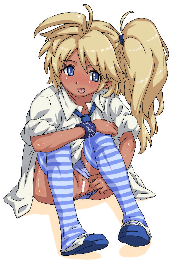 hisakawa riho, bad id, bad pixiv id, 1girl, :p, bar censor, blonde hair, blue eyes, blue thighhighs, blush, brown hair, censored, dark-skinned female, dark skin, female focus, flashing, gyaru, kogal, panties, panty pull, pussy, shoes, side ponytail, sitting, solo, striped clothes, striped thighhighs, thighhighs, tongue, tongue out, underwear, uwabaki