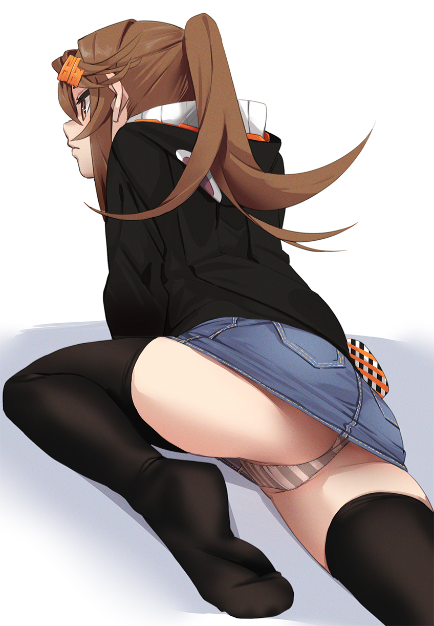 fu-ta, usami taiga, original, commentary request, highres, 1girl, ass, black jacket, black thighhighs, blue shorts, blue skirt, brown eyes, brown hair, jacket, long hair, long sleeves, panties, shorts, simple background, skirt, solo, striped clothes, striped panties, thighhighs, thighs, underwear, white background