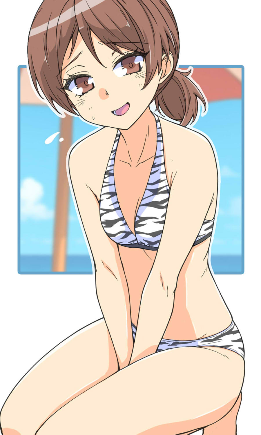renshiu, kawanishi shinobu, girls und panzer, highres, 1girl, animal print, bikini, blush, breasts, brown eyes, brown hair, collarbone, halterneck, looking at viewer, ocean, open mouth, outdoors, ponytail, print bikini, short hair, sky, small breasts, smile, solo, swimsuit, zebra print