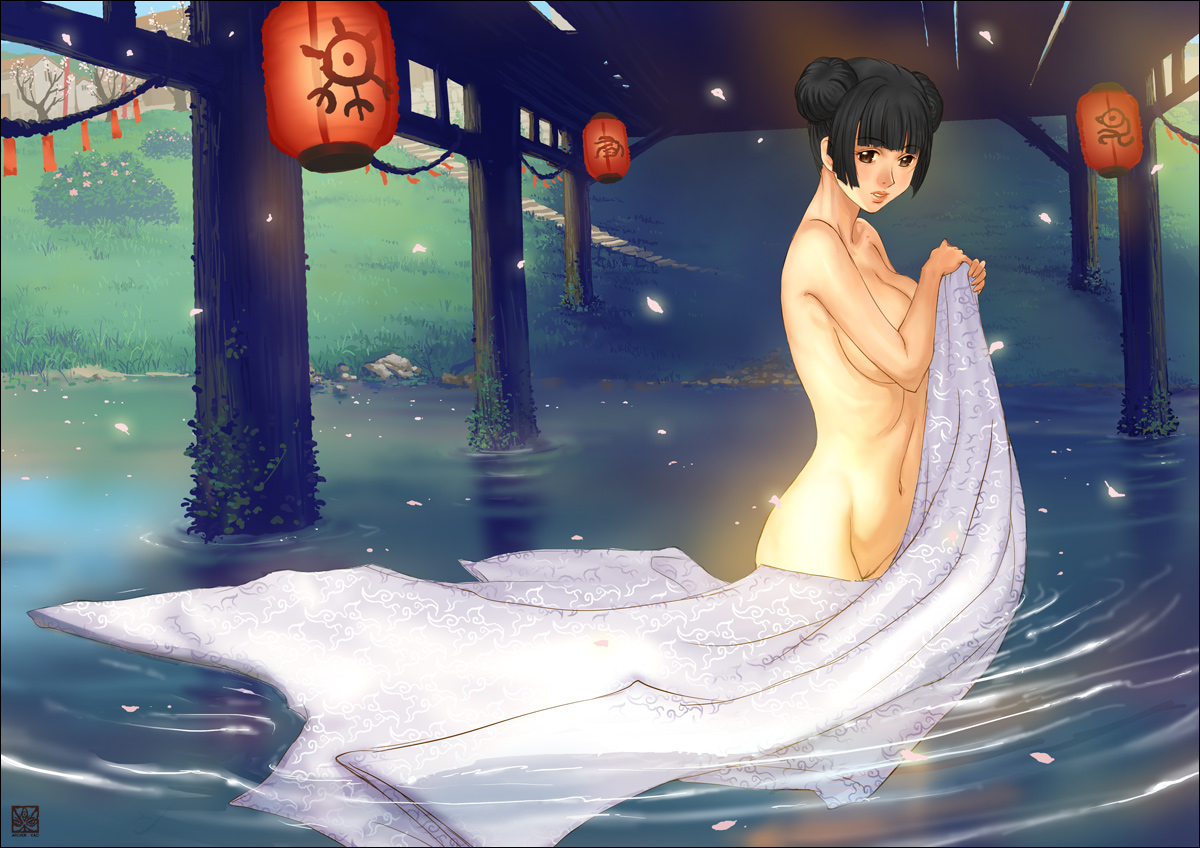 ariverkao, original, 1girl, bathing, black hair, breasts, bridge, covering privates, double bun, female focus, hair bun, japanese clothes, kimono, lantern, large breasts, nude, nude cover, paper lantern, petals, pussy, solo, wading, water