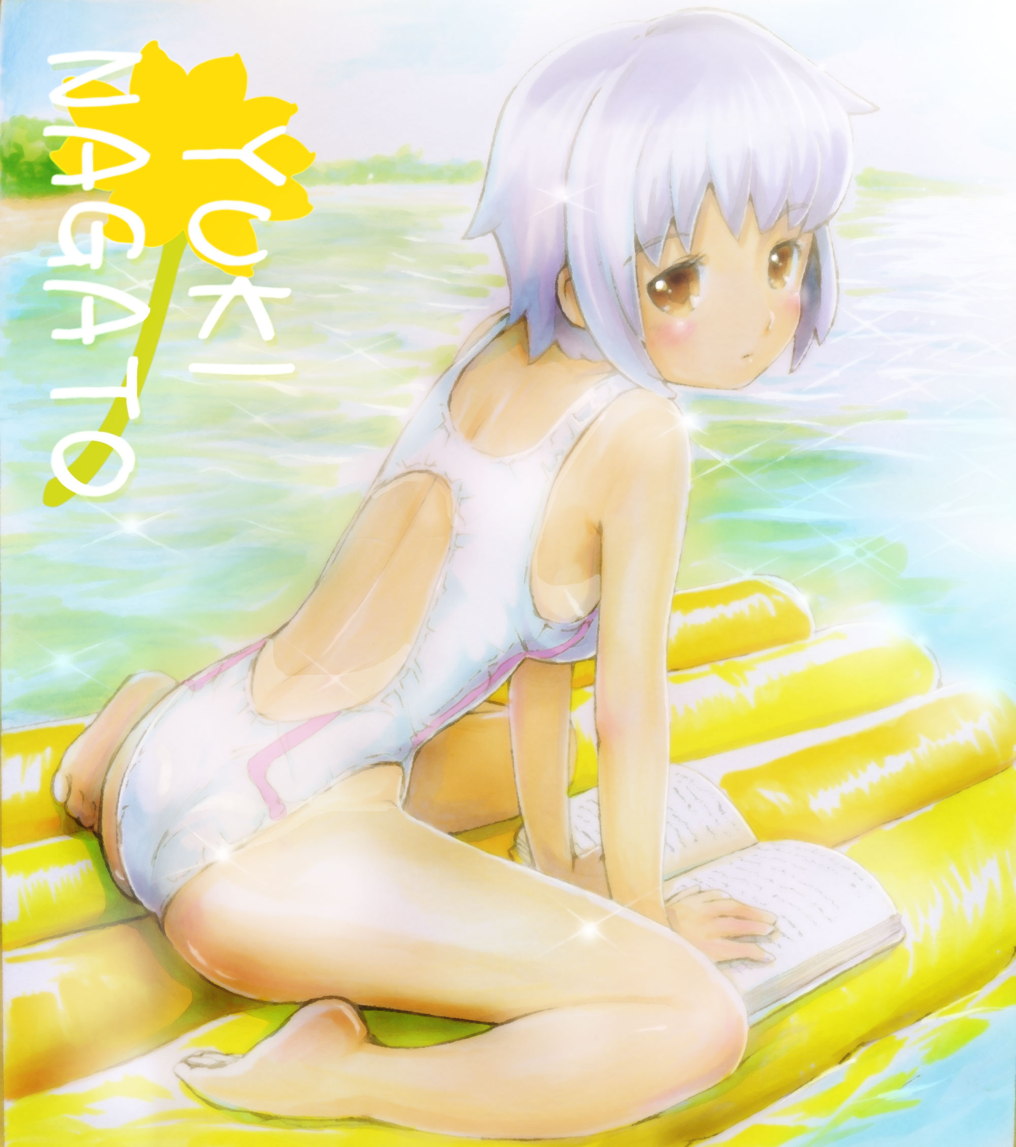 mayo riyo, nagato yuki, suzumiya haruhi no yuuutsu, bad id, bad pixiv id, highres, 00s, 1girl, ass, back, barefoot, blush, book, brown eyes, competition swimsuit, feet, female focus, kneeling, ocean, one-piece swimsuit, purple hair, short hair, solo, swimsuit