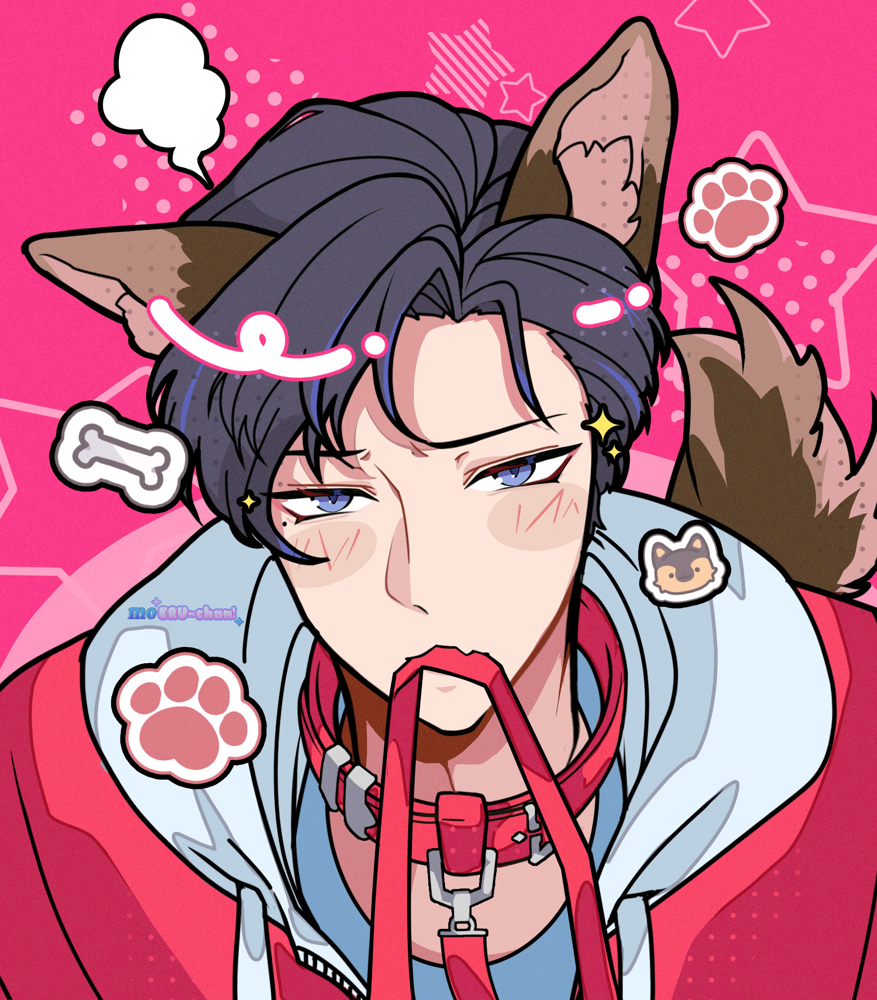 first stage production, absurdres, highres, 1boy, animal ears, blue eyes, blush, bone, caelen strayfe, collar, german shepherd, jacket, leash, moeruzyo, paw print, pink background, red collar, red jacket, sparkle, tail, virtual youtuber