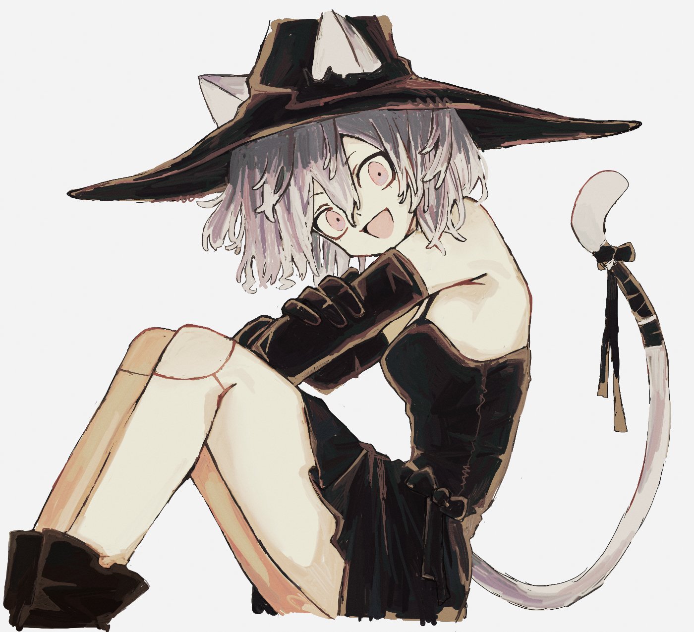 maikeru (dk maikel), neferpitou, hunter x hunter, highres, 1girl, alternate costume, animal ears, bare shoulders, black boots, black dress, black gloves, black ribbon, boots, breasts, cat ears, cat tail, doll joints, dress, feet out of frame, from side, gloves, grey hair, hair between eyes, halloween, halloween costume, hat, head tilt, joints, looking at viewer, looking to the side, medium breasts, pink eyes, ribbon, short hair, simple background, sitting, smile, solo, tail, tail ornament, tail ribbon, white background, witch, witch hat