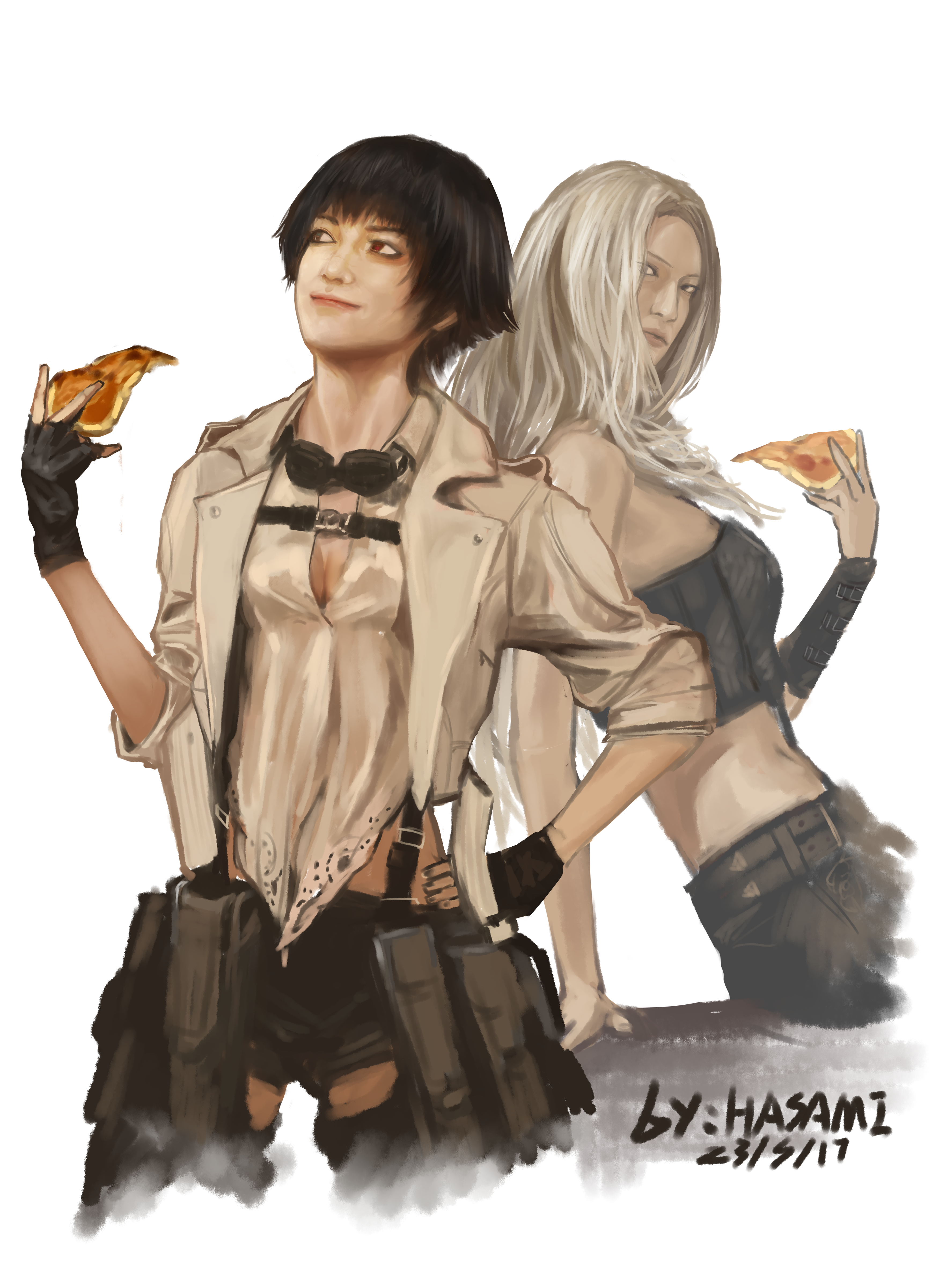 hua ha jiazi, lady (devil may cry), trish (devil may cry), devil may cry (series), devil may cry 5, absurdres, highres, 2girls, artist name, black hair, black pants, blonde hair, dated, food, goggles, goggles around neck, hands on own hips, heterochromia, holding, holding food, holding pizza, jacket, long hair, multiple girls, pants, pizza, shirt, short hair, smile, white jacket, white shirt