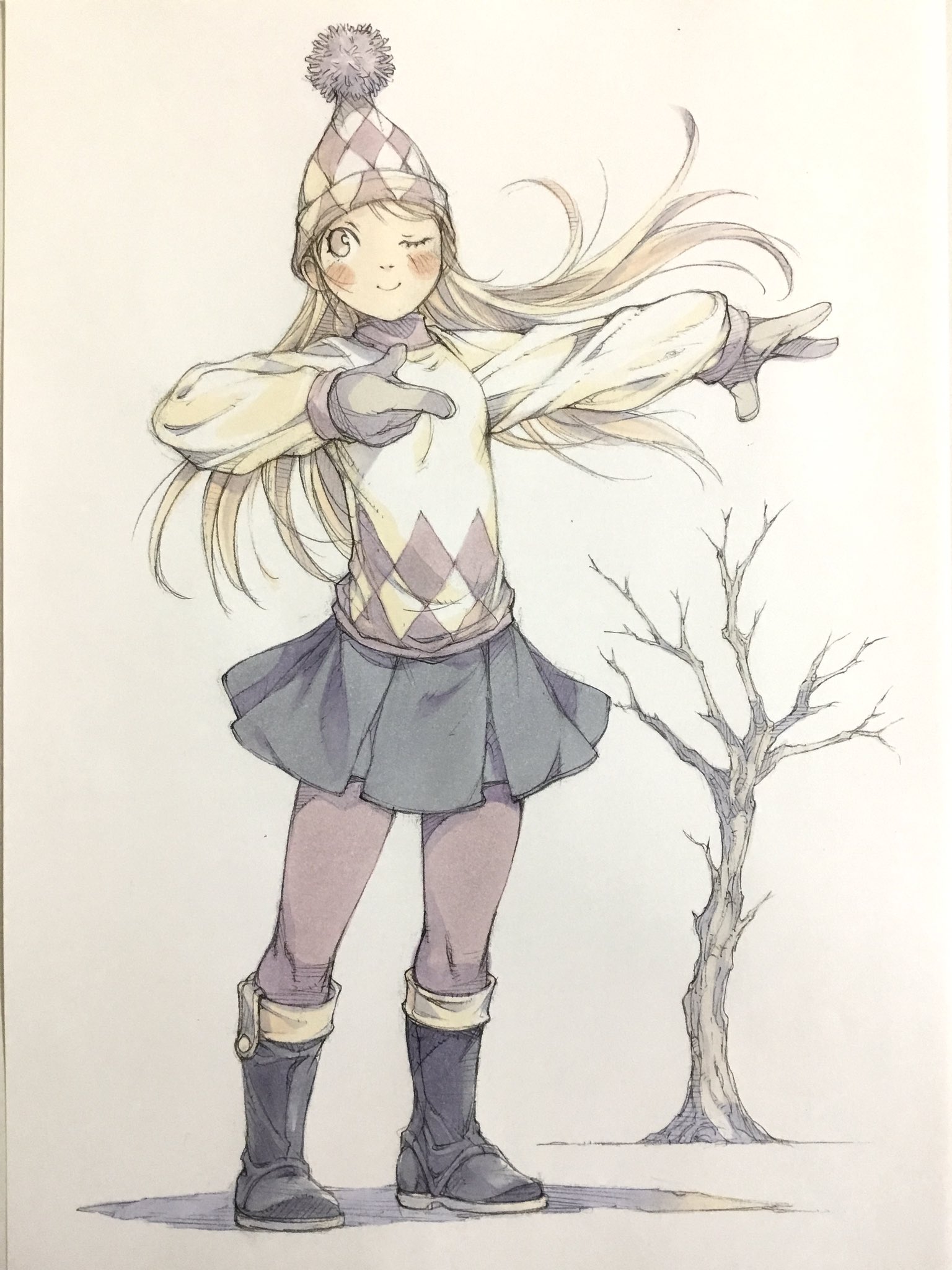 peter salt, original, commentary request, highres, traditional media, 1girl, bare tree, beanie, black boots, black skirt, blonde hair, boots, diamond print, full body, gloves, grey eyes, grey gloves, grey hat, hat, long hair, one eye closed, pantyhose, pointing, pointing to the side, pom pom (clothes), pom pom beanie, print headwear, print sweater, skirt, solo, standing, sweater, tree, white sweater, winter clothes